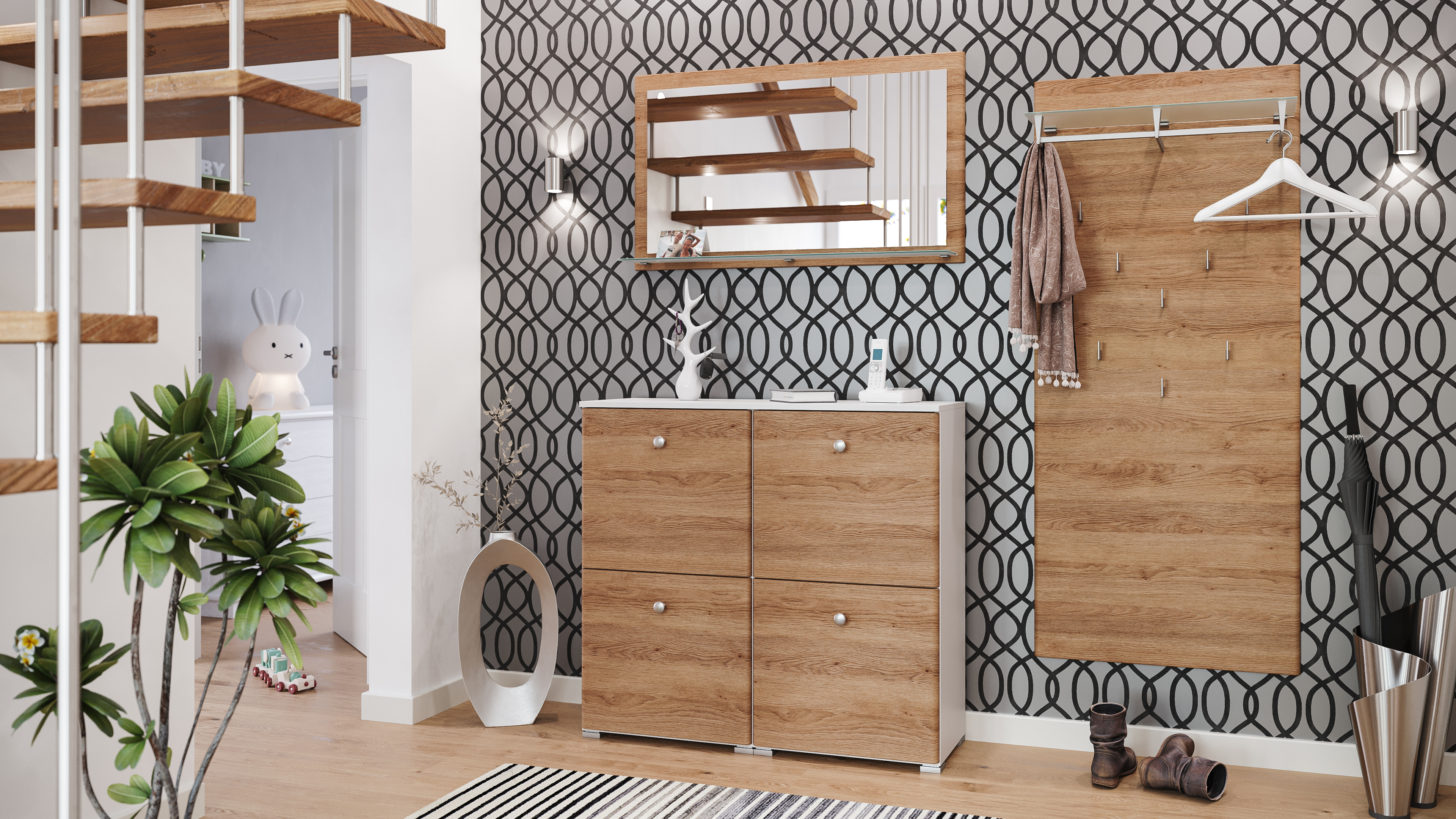 Garderobe Set 005 Cleveland 4 tlg Schuhschrank 4 Klappen 16 Paar Weiss-Eiche