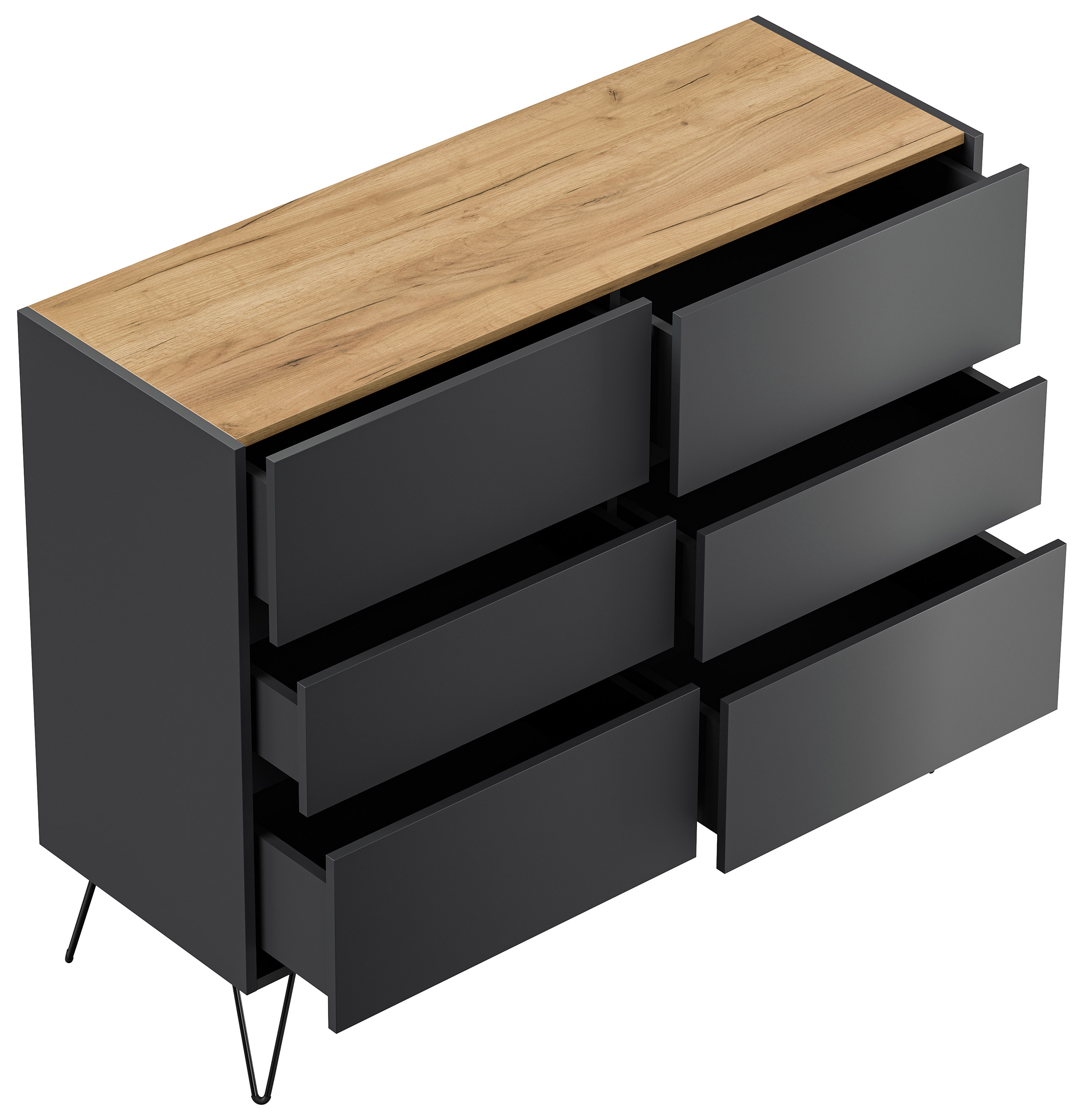 Sideboard Kommode Volo 120cm Greifraum 6 SoftClose Schubladen Grafit/Eiche Top