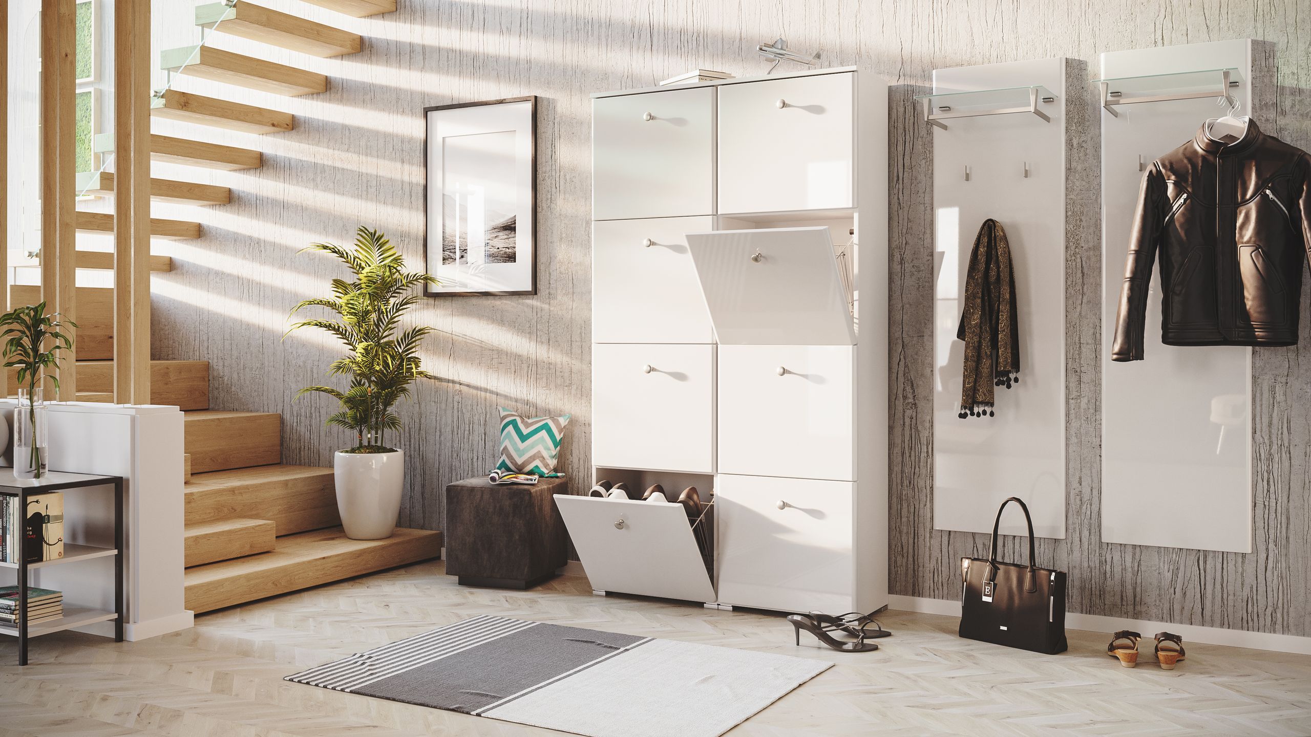 Garderobe Set 110 Ventura 3 tlg Schuhschrank 8 Klappen 32 Paar Weiss-Weiss Hgl