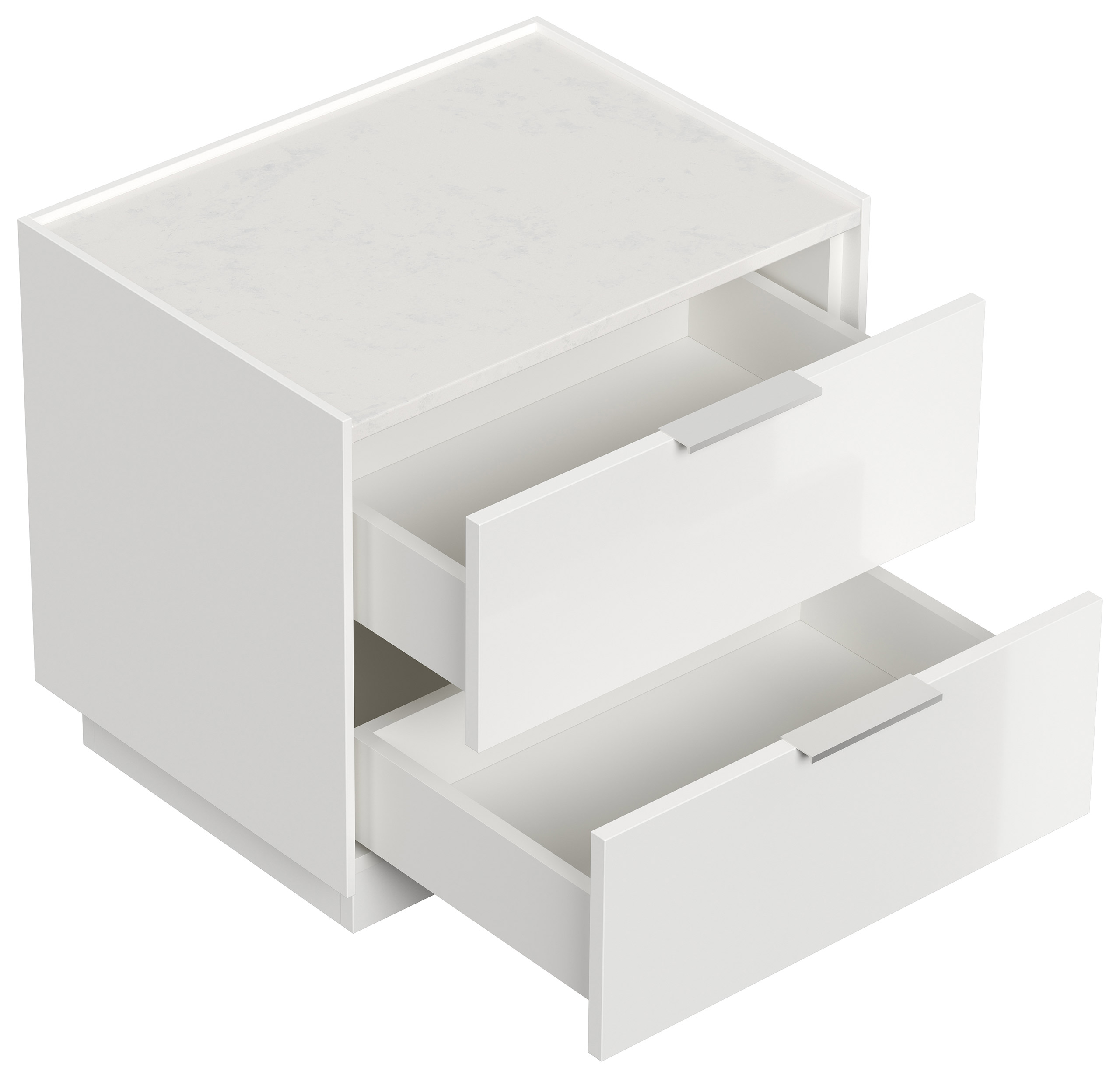 Design Nachttisch Kommode Artem 60cm, Quarztop, 2 Softeinzüge lackiert Weiß Hgl