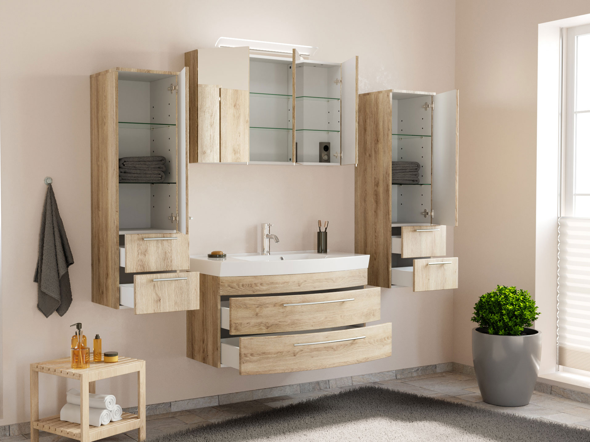 Badmöbel-Set Toscana 100 cm (4-teilig) SoftClose eiche hell