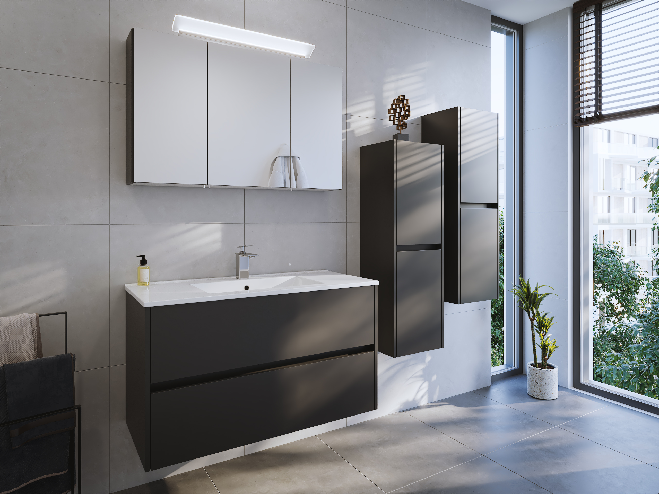 Badmöbel Set Taifun 4tlg. 100 cm mit Spiegelschrank & 2x Seitenschrank Grafit