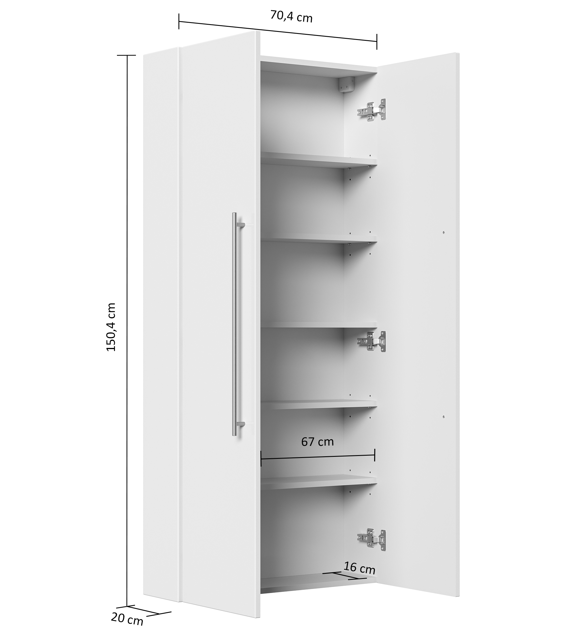 Hochschrank Slimline nur 20cm Tief (BxH) 70x150 cm weiss hochglanz