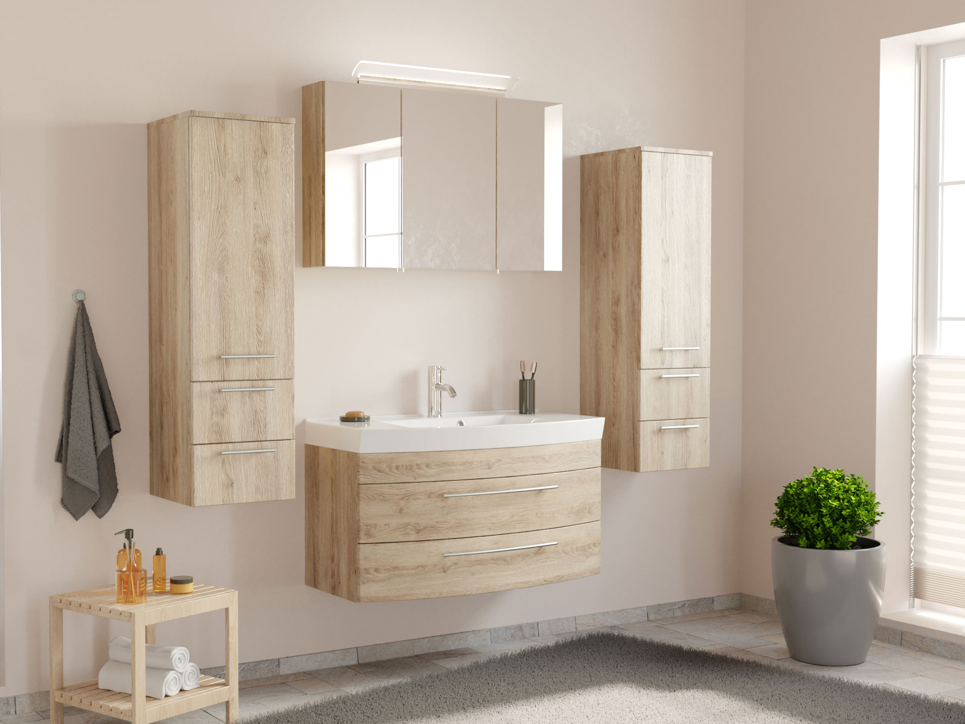 Badmöbel-Set Toscana 100 cm (4-teilig) SoftClose eiche hell
