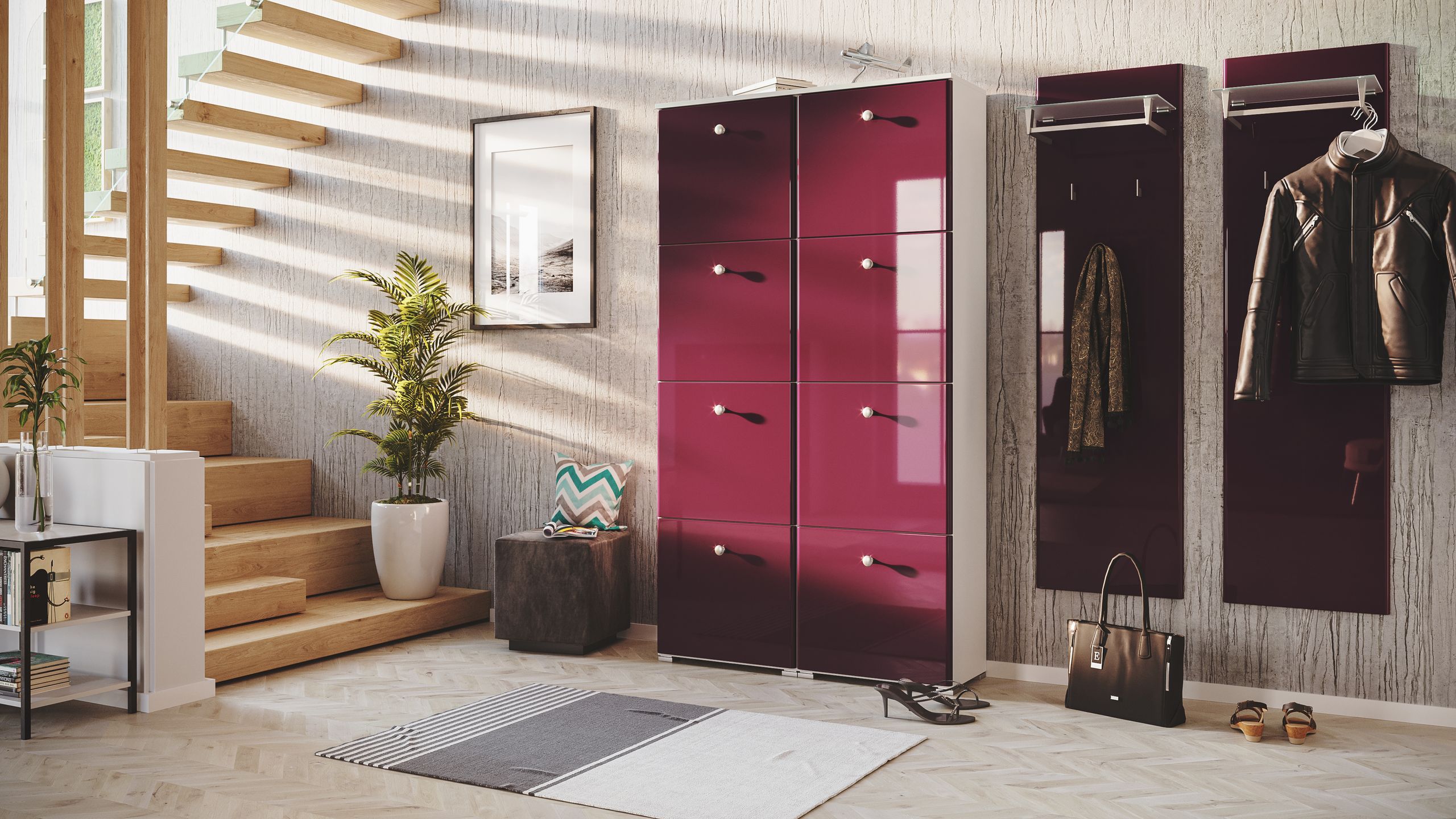 Garderobe Set 110 Ventura 3 tlg Schuhschrank 8 Klappen 32 Paar Weiss-Weiss Hgl