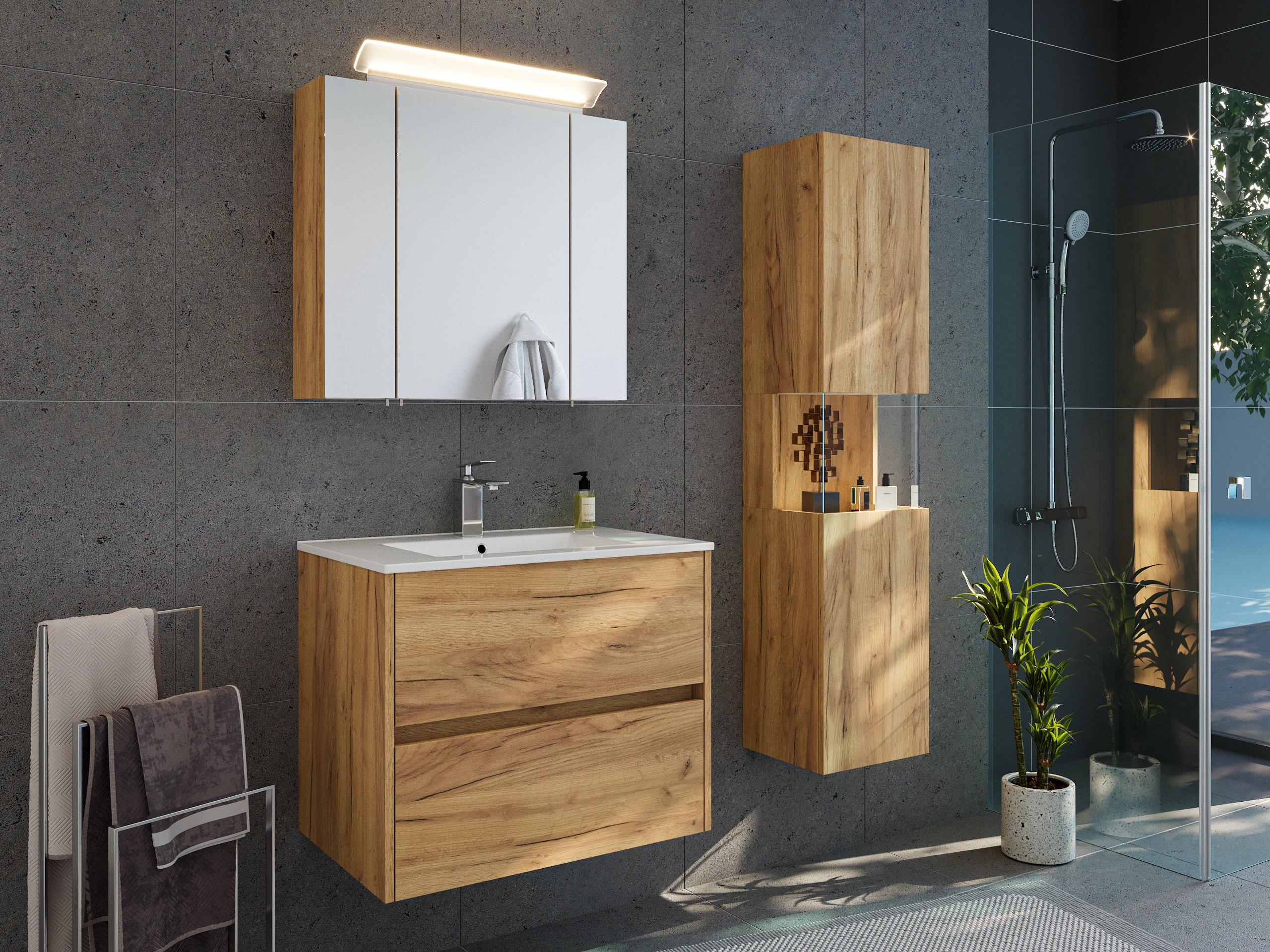 Badmöbelset Taifun 70cm 3tlg mit Spiegelschrank & Seitenschrank eiche gold