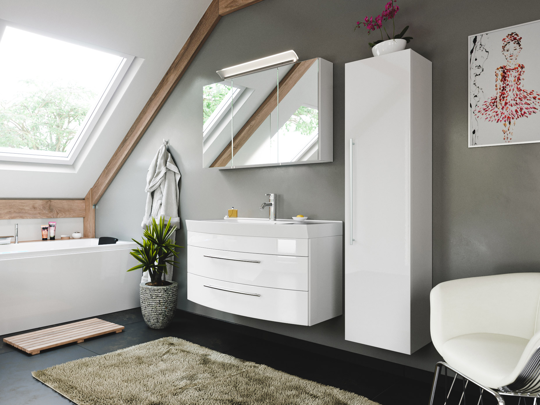 Badmöbelset Bella 100 mit runder Front Spiegelschrank LED Hochschrank weiss hg