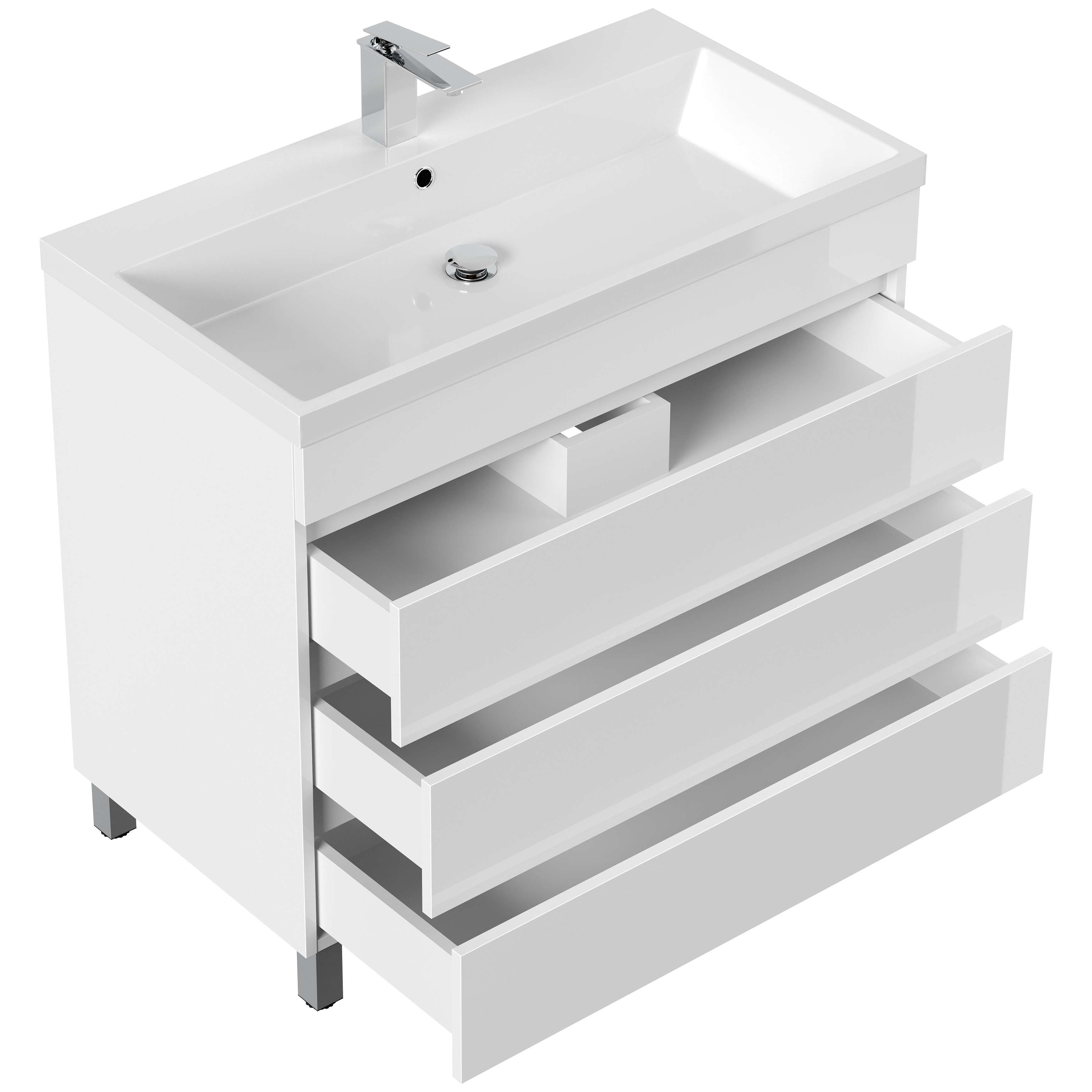 Stand Badmöbel Via 90 SoftClose weiss hochglanz mit drei grifflosen Schubladen