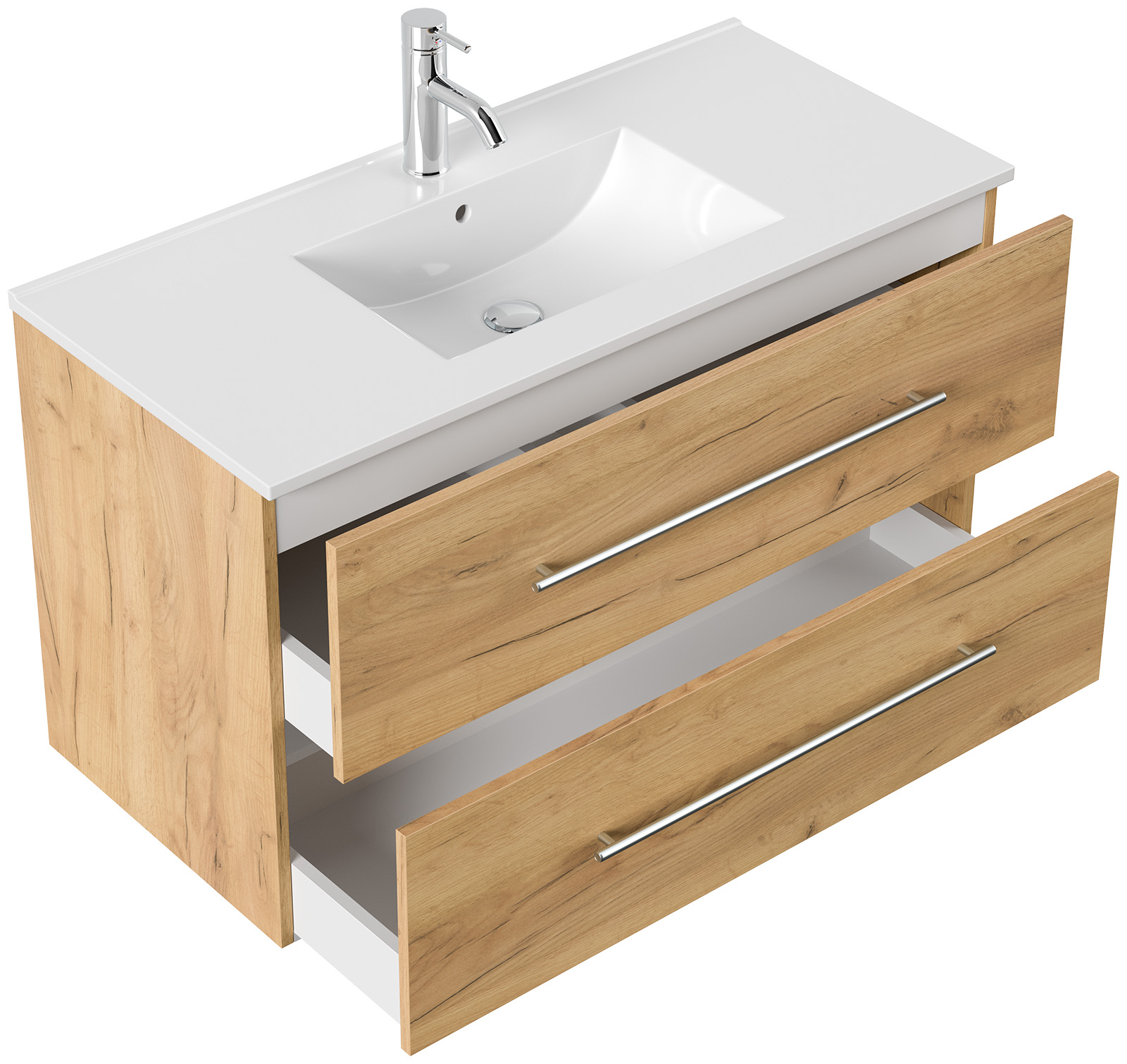 Badmöbel Set Firenze 100 3tlg. LED Spiegel und Seitenschrank eiche gold