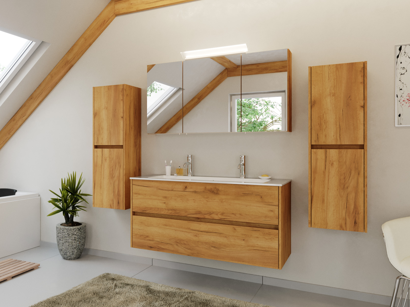 Doppel-Badmöbel Set Taifun 4tlg. 120 cm Spiegelschrank & 2x Seitenschrank eiche