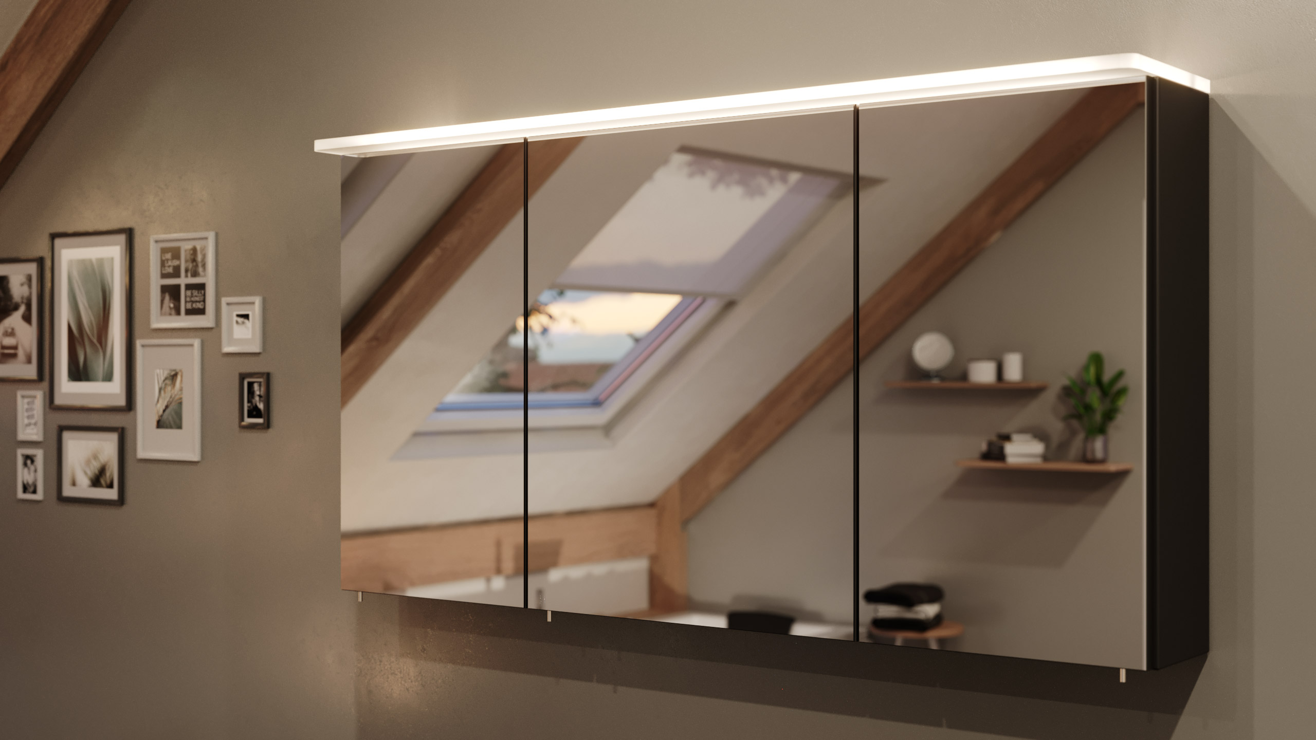 Spiegelschrank 120cm inkl. Design Acryl-Lampe und Glasböden schwarz