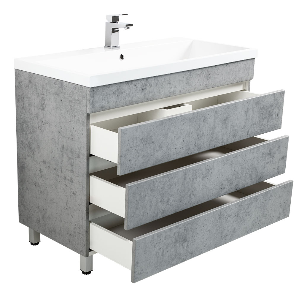 Stand Badmöbel Via 100 SoftClose beton mit drei grifflosen Schubladen
