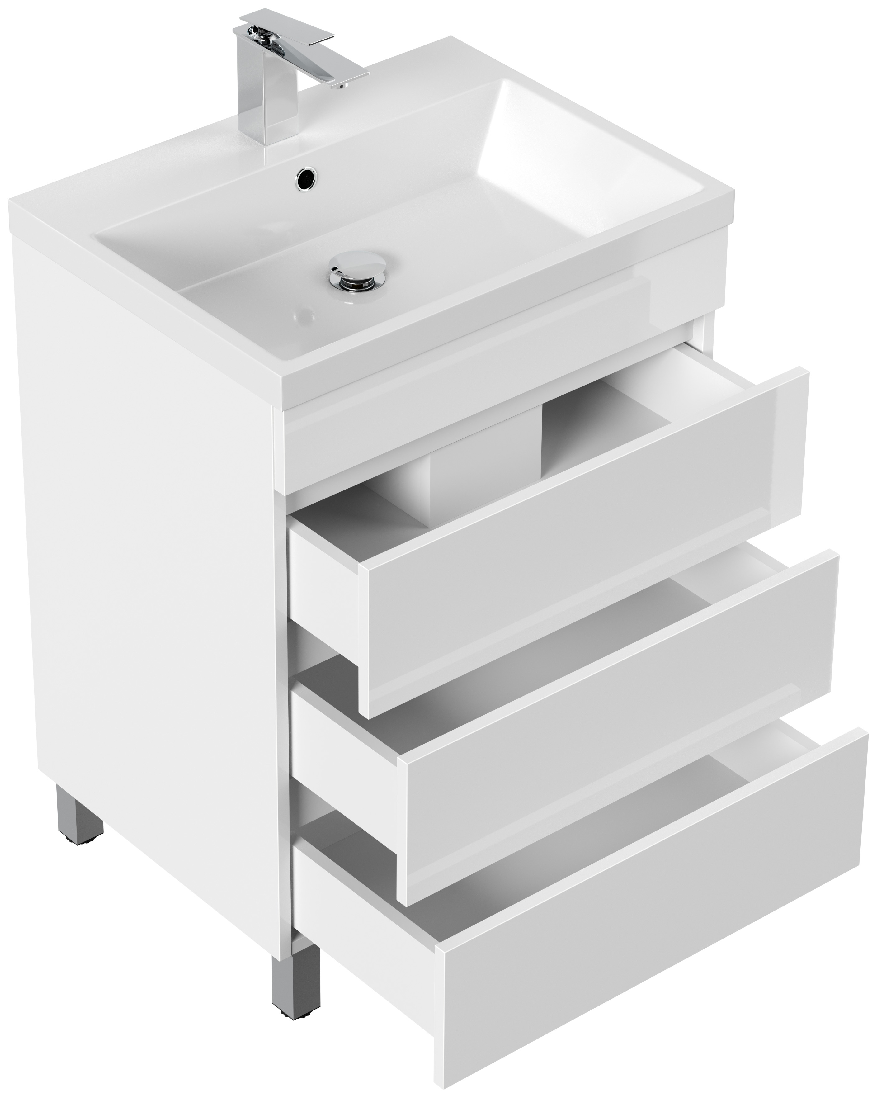 Stand Badmöbel Via 70 SoftClose weiss hochglanz mit drei grifflosen Schubladen