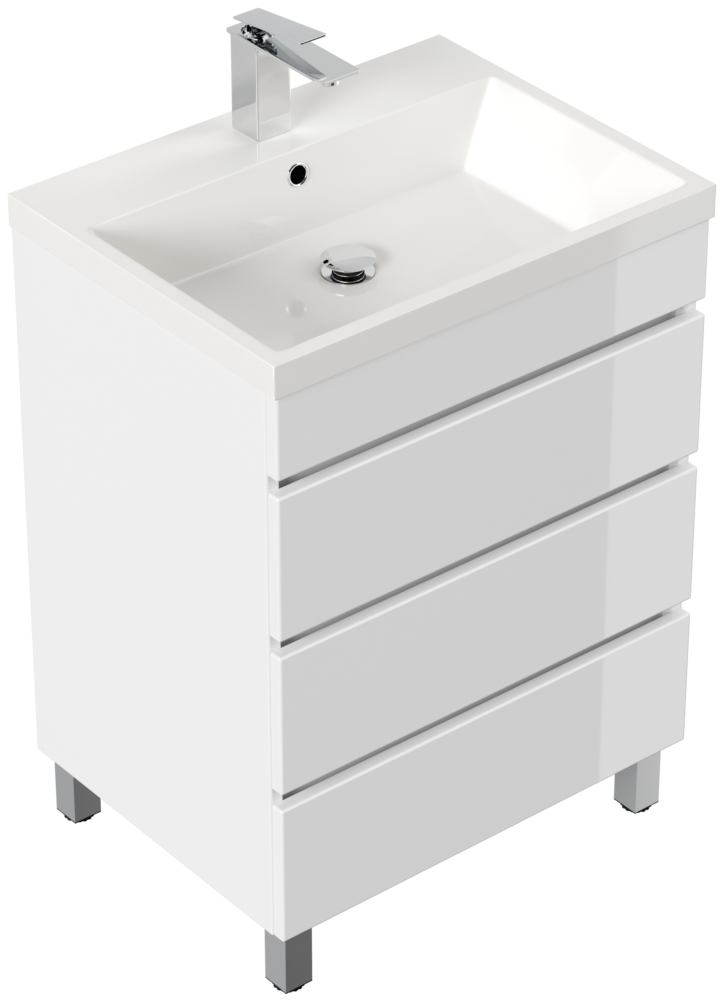 Stand Badmöbel Via 60 SoftClose weiss hochglanz mit drei grifflosen Schubladen