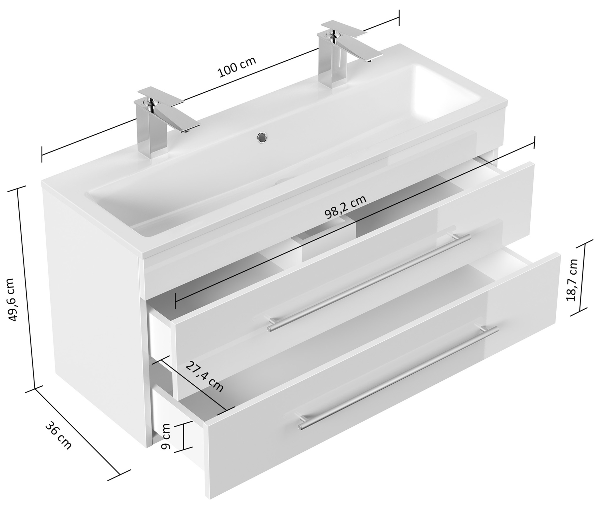 Badmöbel Mars 1000 2 Hahnlöcher 2-teilig LED Spiegel SlimLine weiss hochglanz