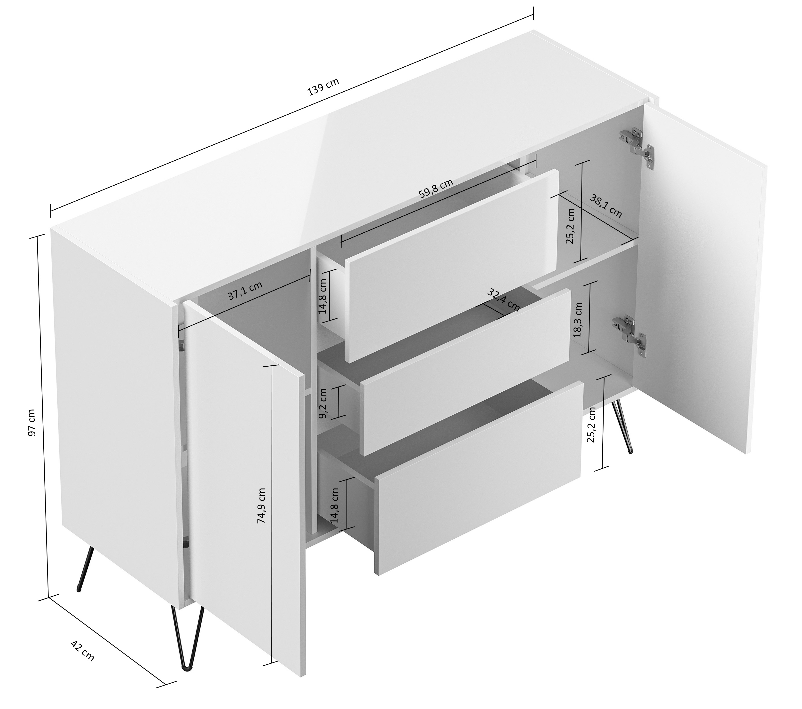 Design Sideboard Kommode Daro 140cm Greifraum 3 SoftClose 2 Türen Weiß hochglanz