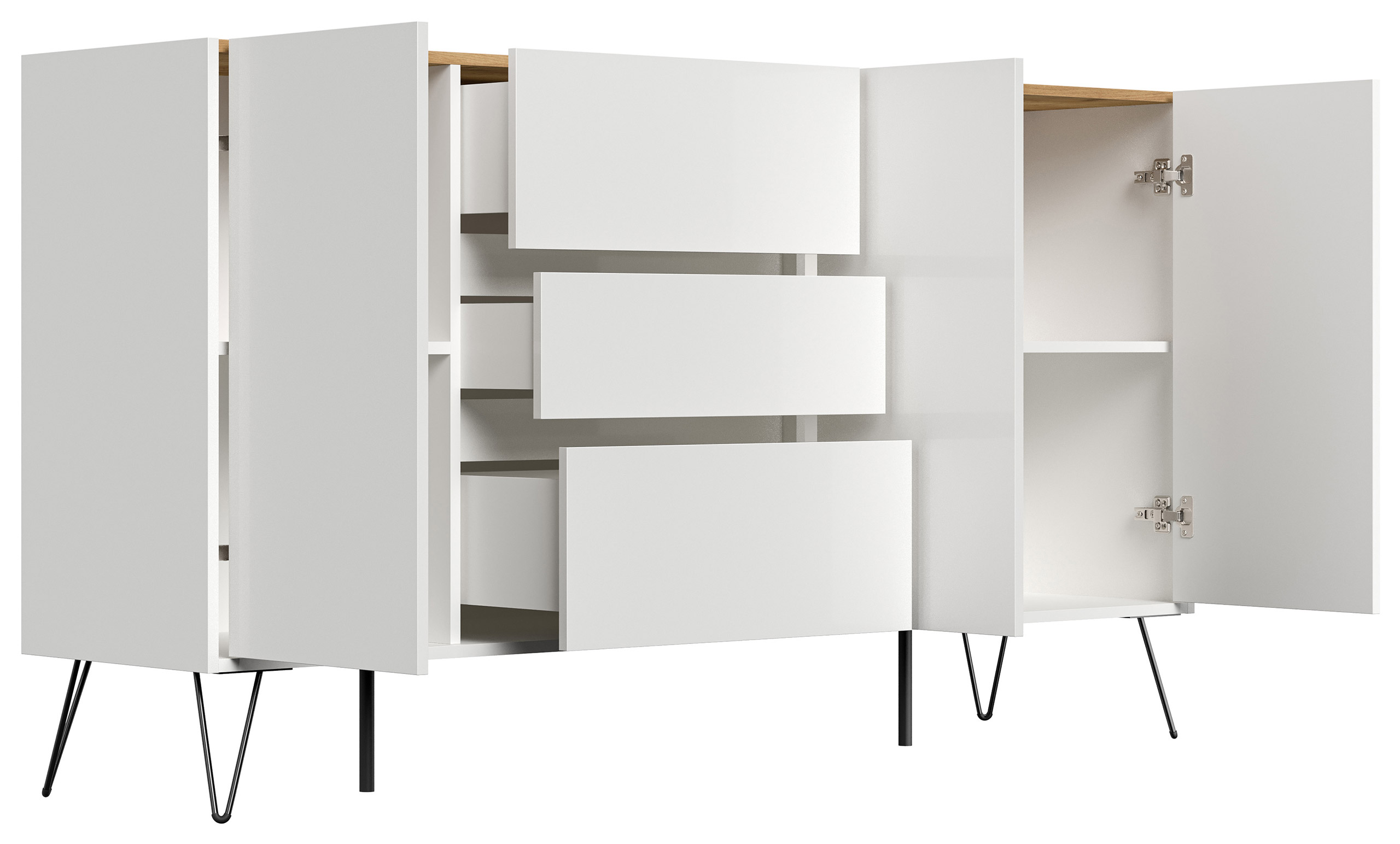 Sideboard Yako XL 180cm 3 SoftClose 3 Türen Weiß/Eiche Top