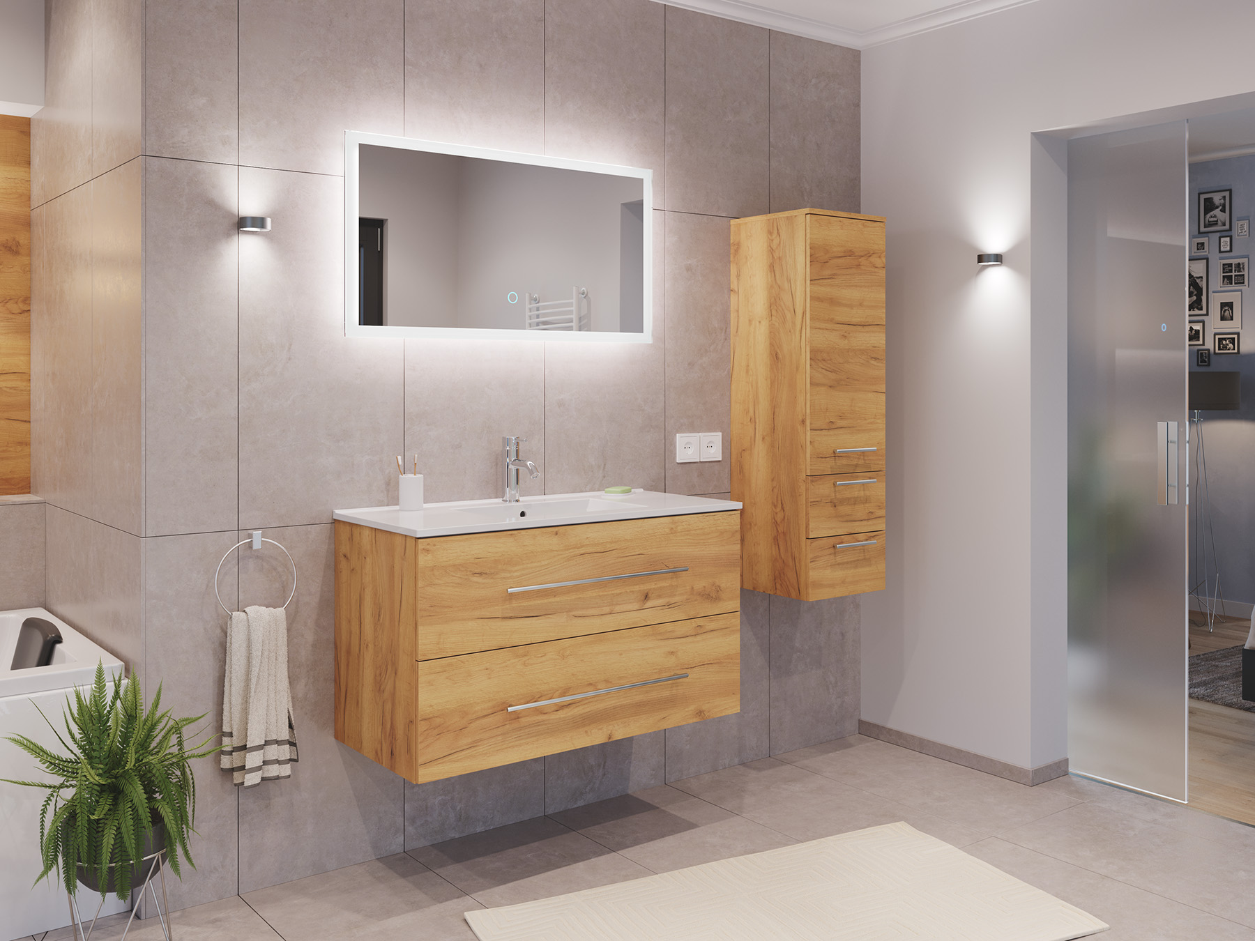 Badmöbel Set Firenze 100 3tlg. LED Spiegel und Seitenschrank eiche gold