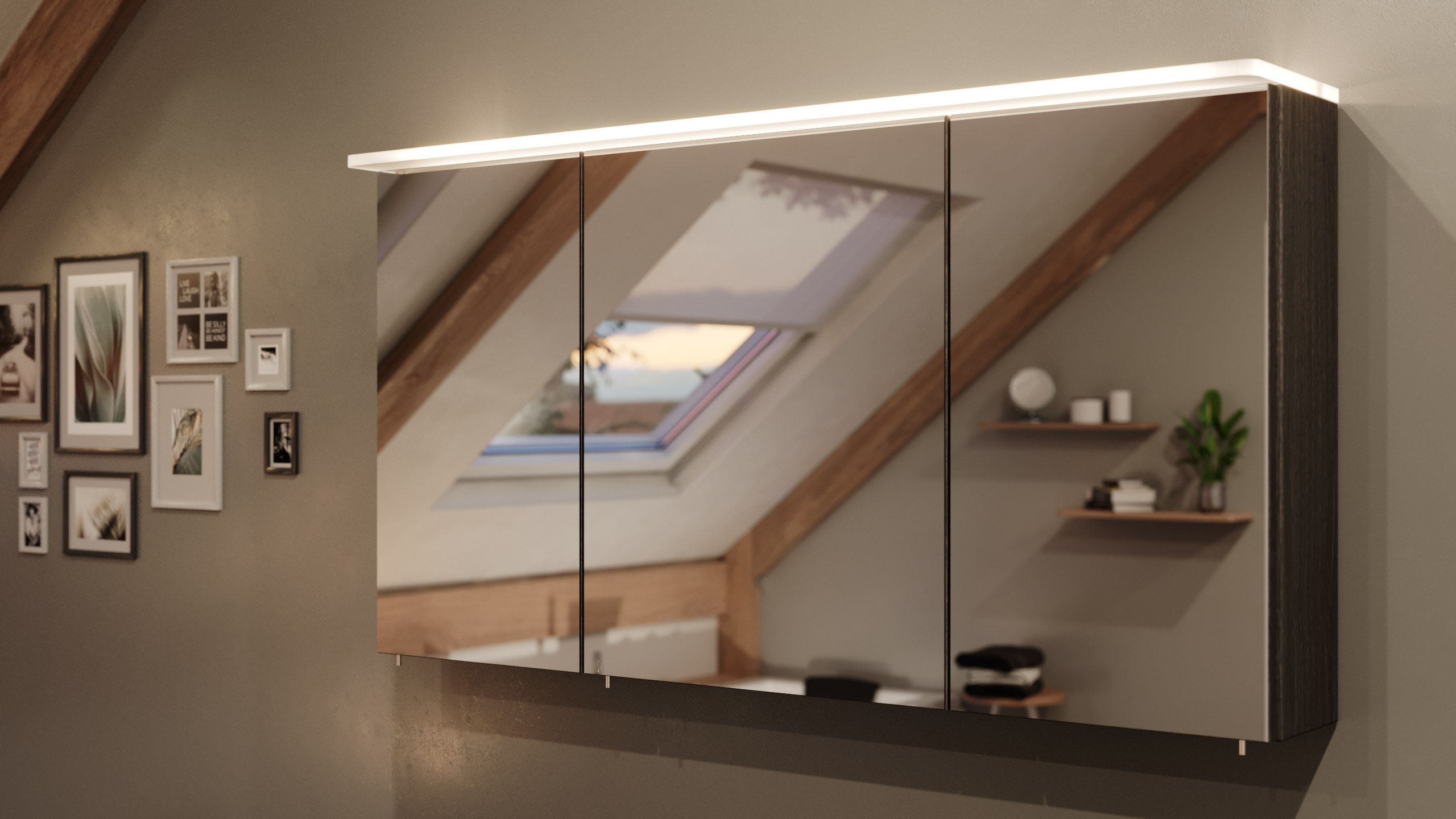 Spiegelschrank 120cm inkl. Design Acryl-Lampe und Glasböden anthrazit gemasert
