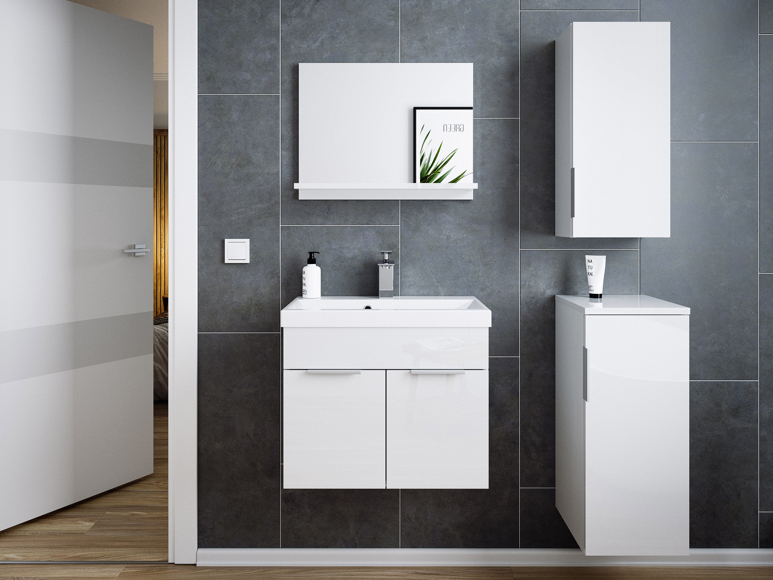 Badmöbel-Set Slimline Vega 4tlg Spiegel & Midischränke weiss hgl/weiss matt