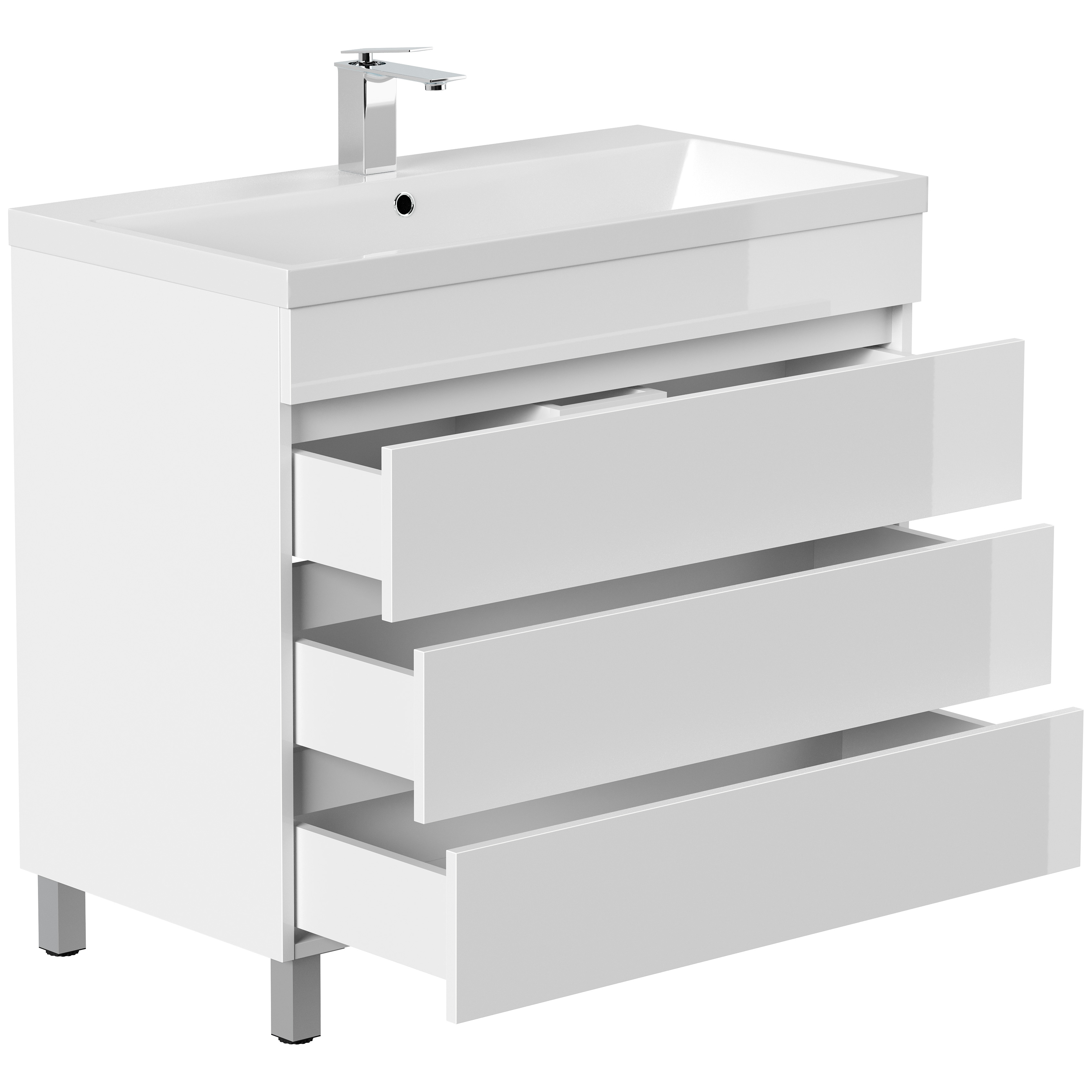 Stand Badmöbel Via 90 SoftClose weiss hochglanz mit drei grifflosen Schubladen