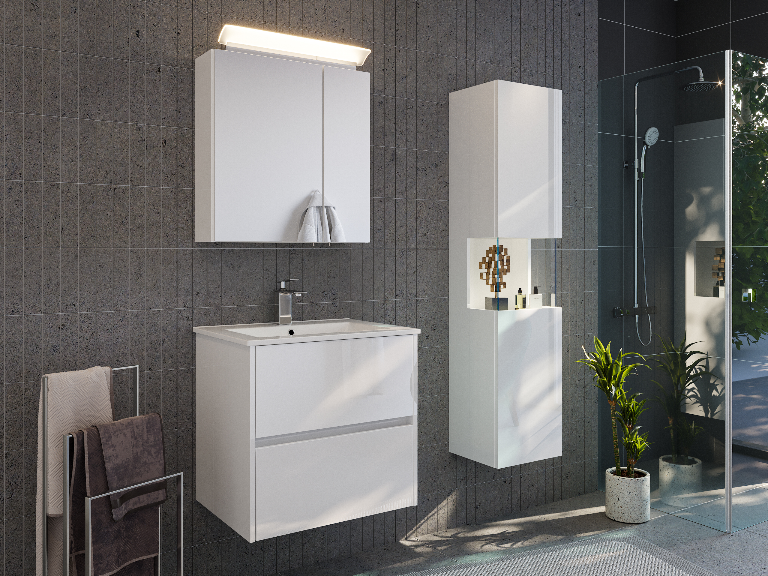 Badmöbelset Taifun 60cm 3tlg mit Spiegelschrank & Seitenschrank weiß Hgl