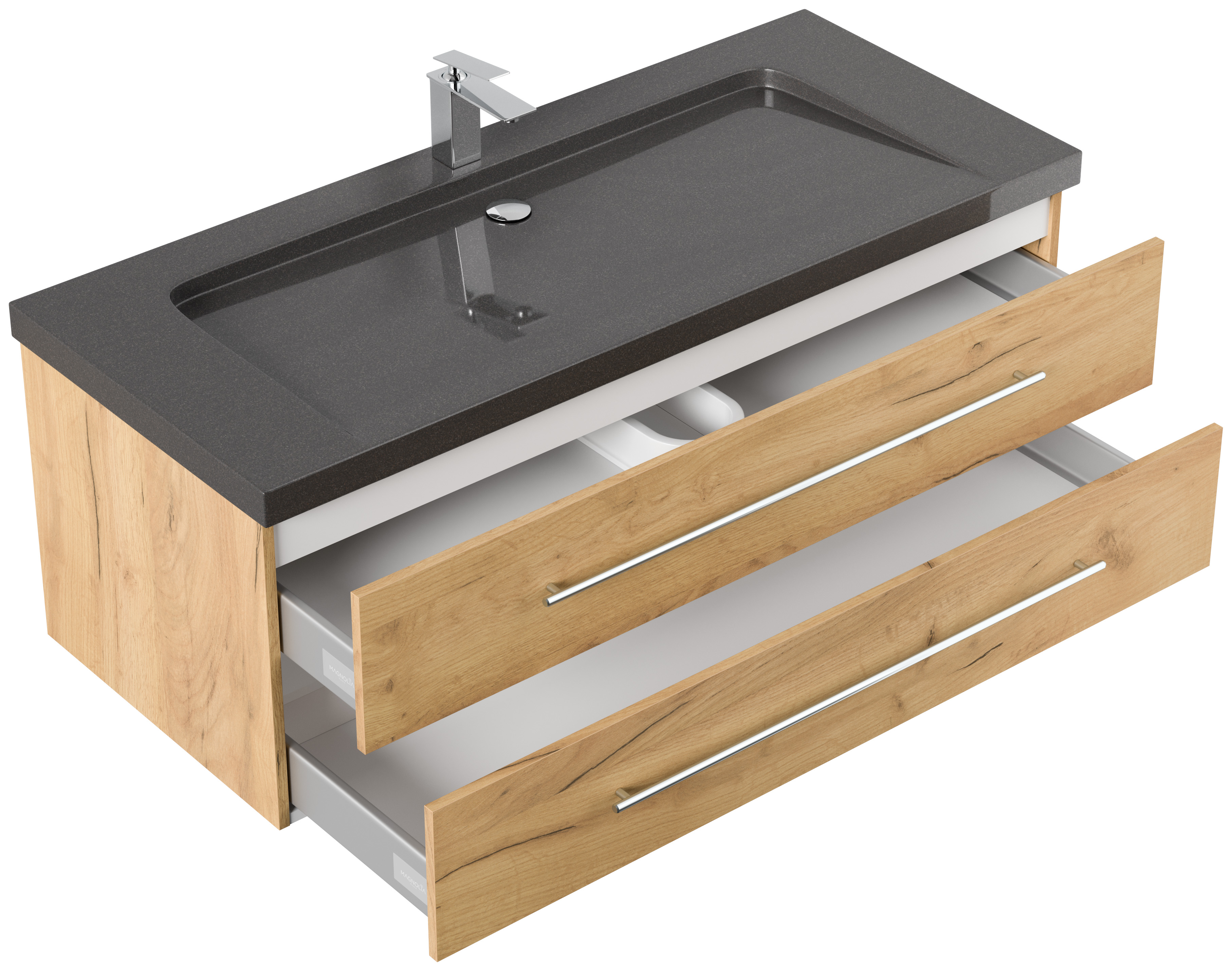 Badmöbel Granit India Black Damo 130 cm 1 Hahnloch SoftClose eiche gold