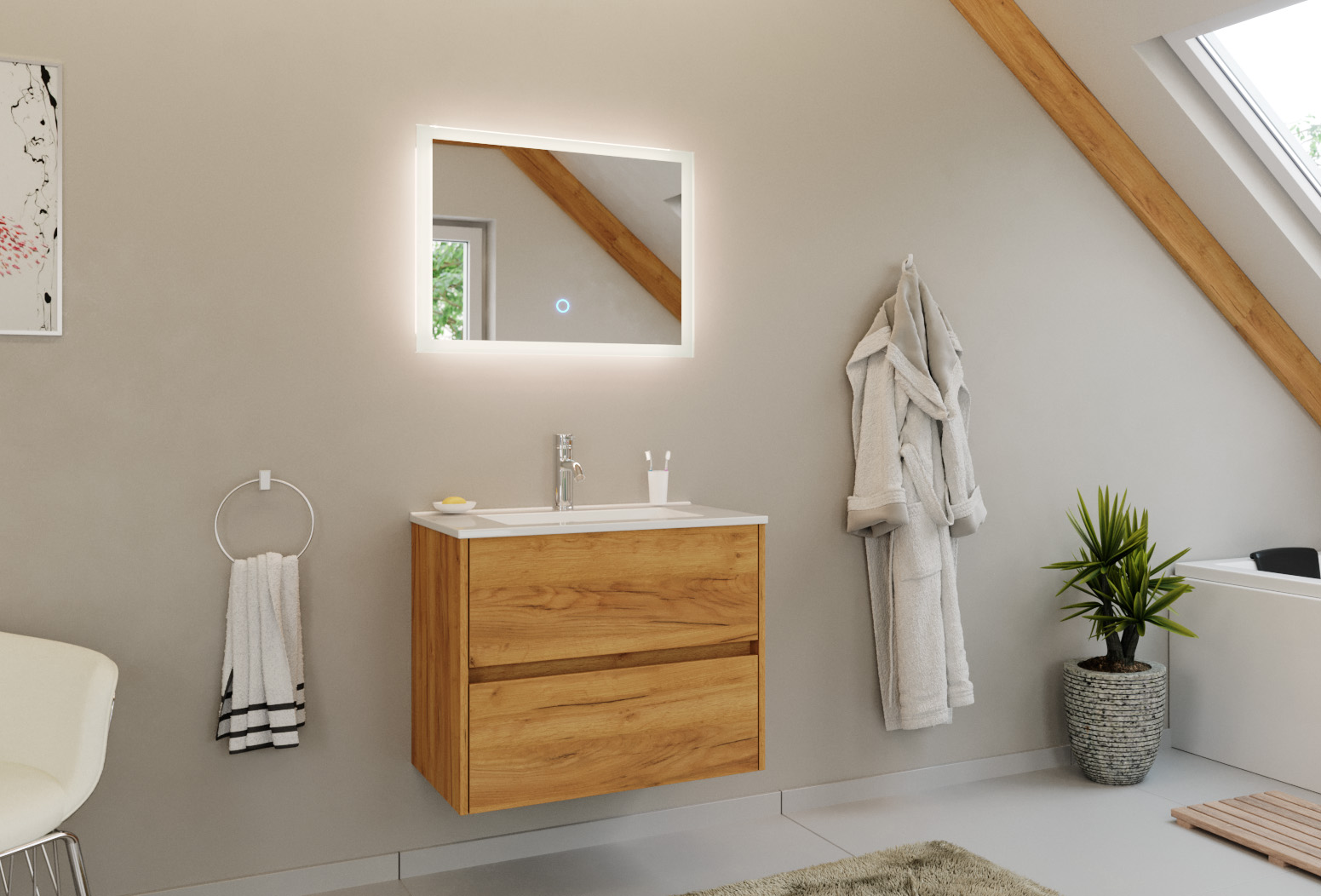 Badmöbel Set Taifun 2tlg. 70cm mit LED Spiegel eiche gold