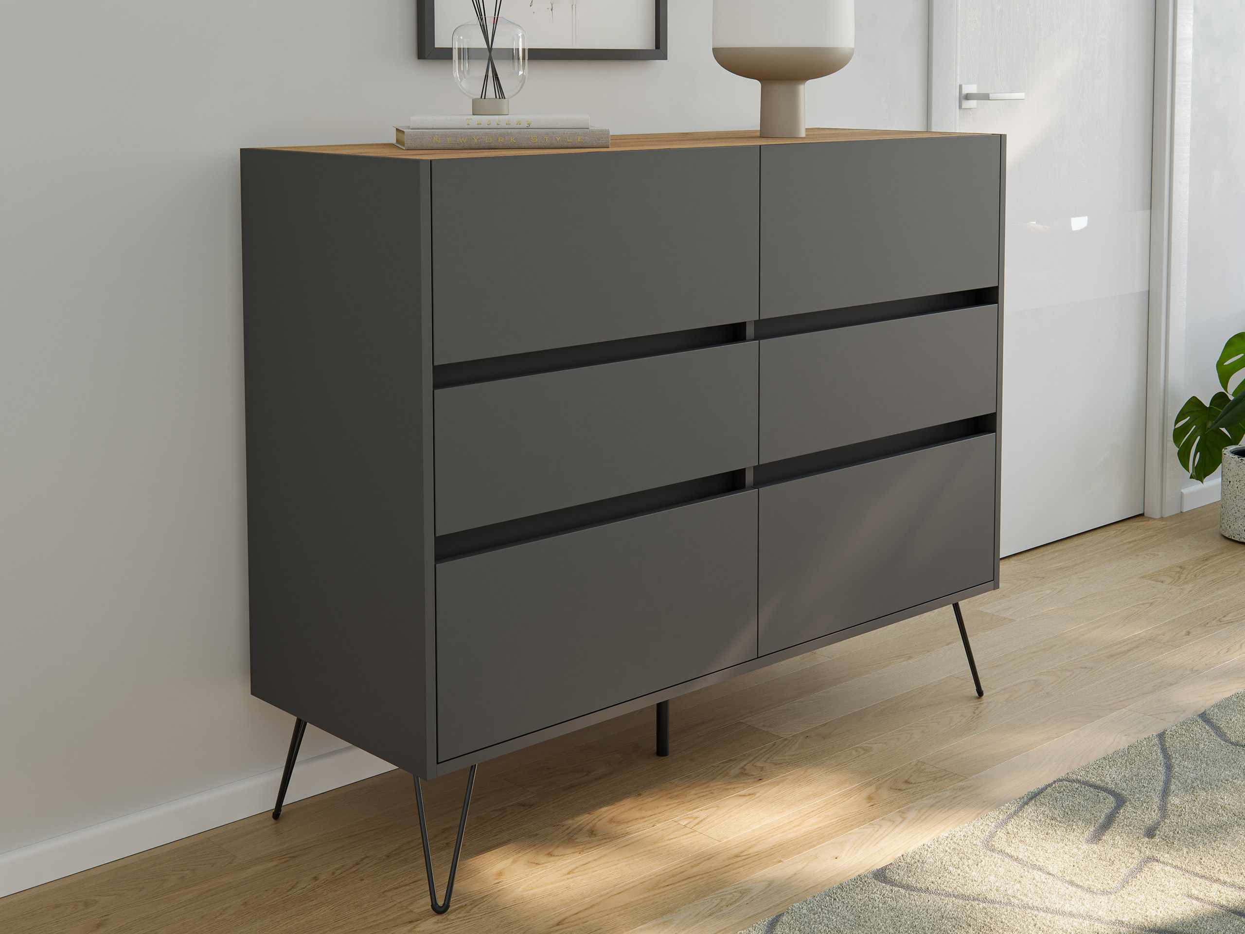 Sideboard Kommode Volo 120cm Greifraum 6 SoftClose Schubladen Grafit/Eiche Top