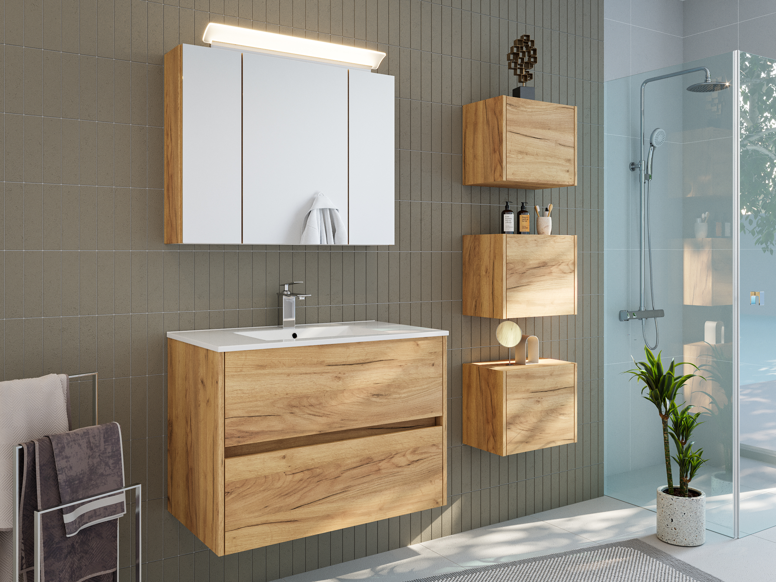 Badmöbelset Taifun 80cm 3tlg mit Spiegelschrank & 3er Boxen Set eiche gold