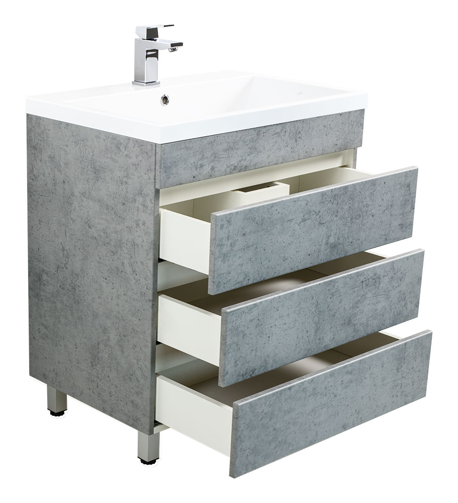 Stand Badmöbel Via 70 SoftClose beton mit drei grifflosen Schubladen