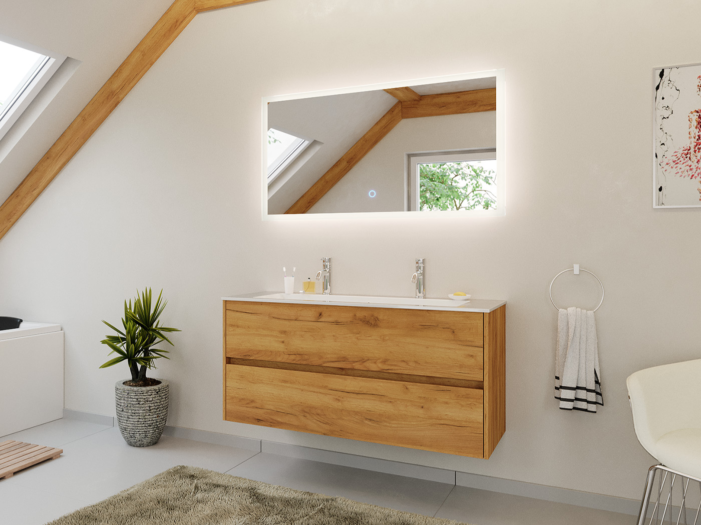 Doppel-Badmöbel Set Taifun 2tlg. 120 cm mit LED Spiegel eiche gold