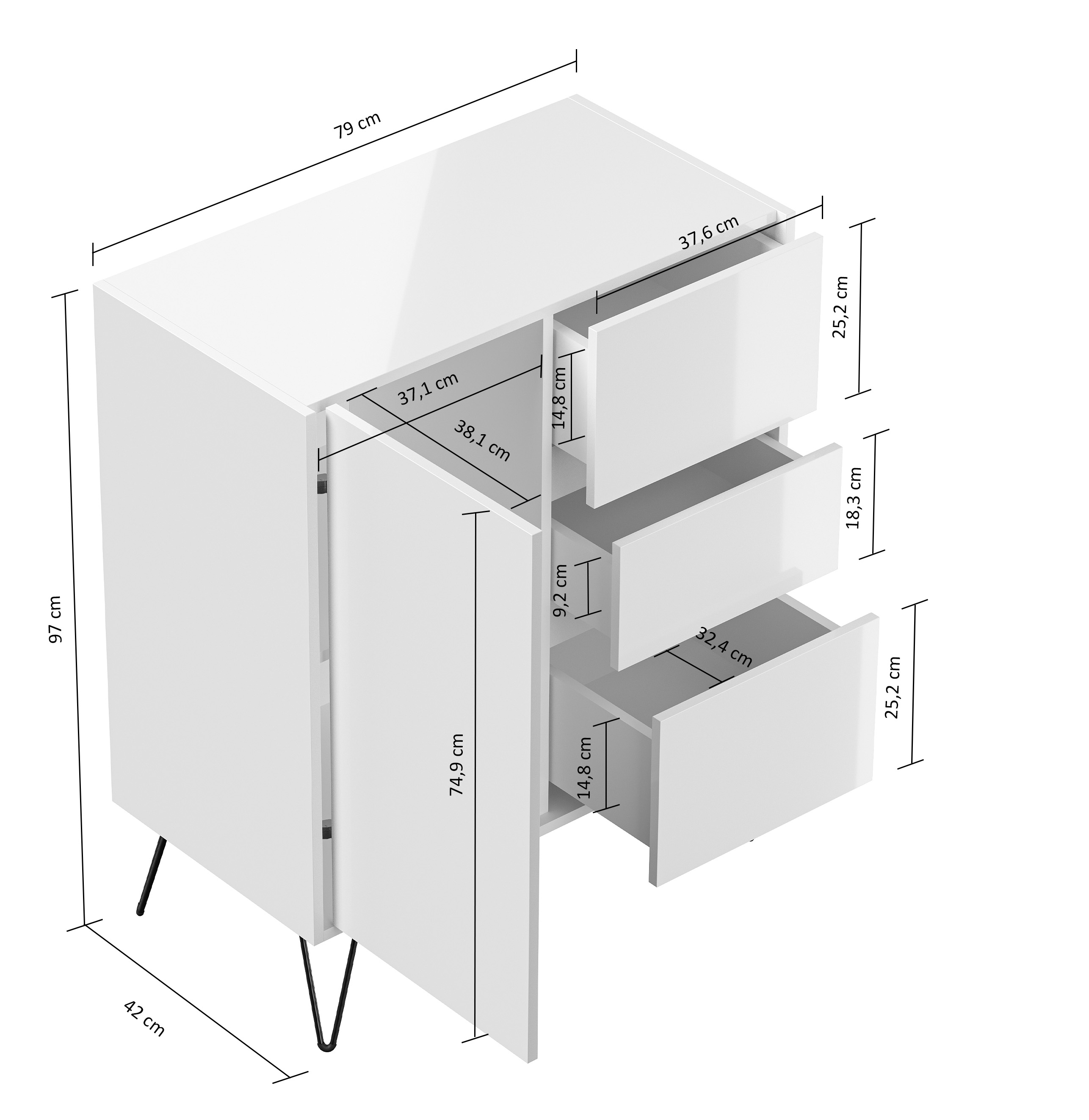 Design Sideboard Kommode Rauk 80cm 3 Greifraum SoftClose 1 Tür Weiß hochglanz