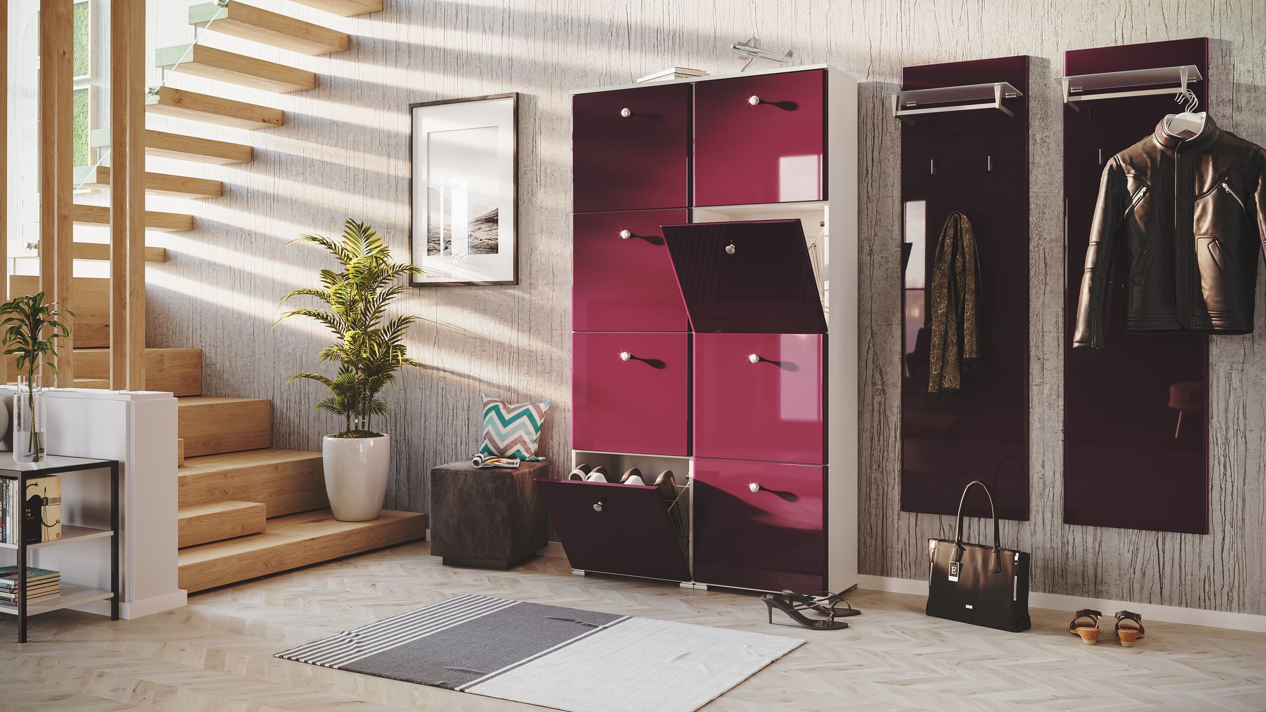 Garderobe Set 110 Ventura 3 tlg Schuhschrank 8 Klappen 32 Paar Weiss-Weiss Hgl