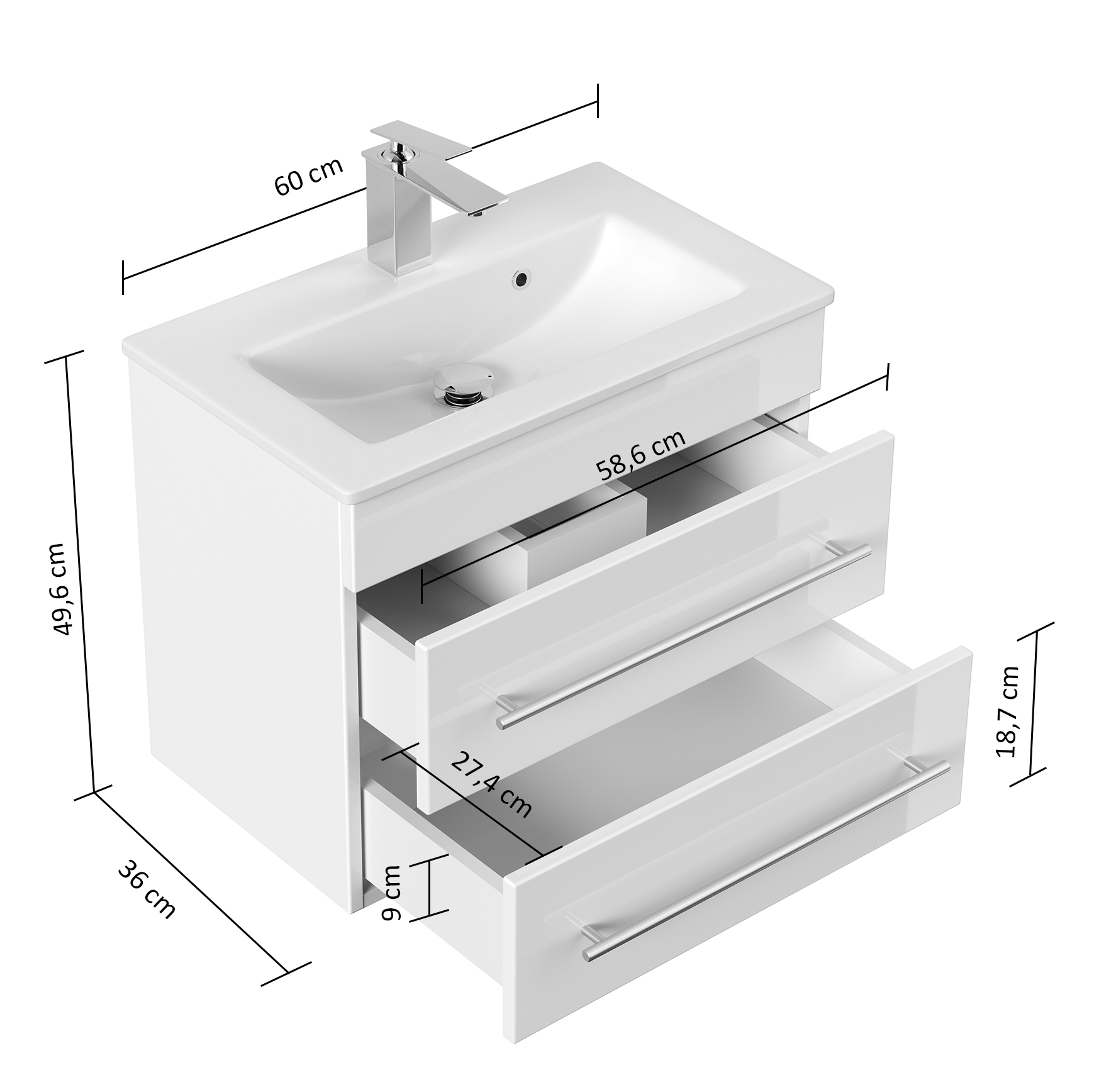 Badmöbel Mars 600 SlimLine SoftClose weiss hochglanz