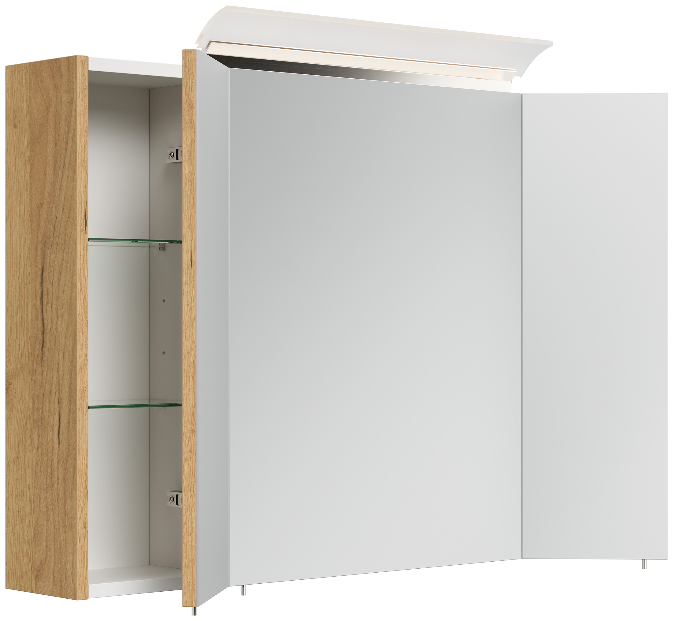 Spiegelschrank 90cm inkl. Design LED-Lampe und Glasböden eiche gold