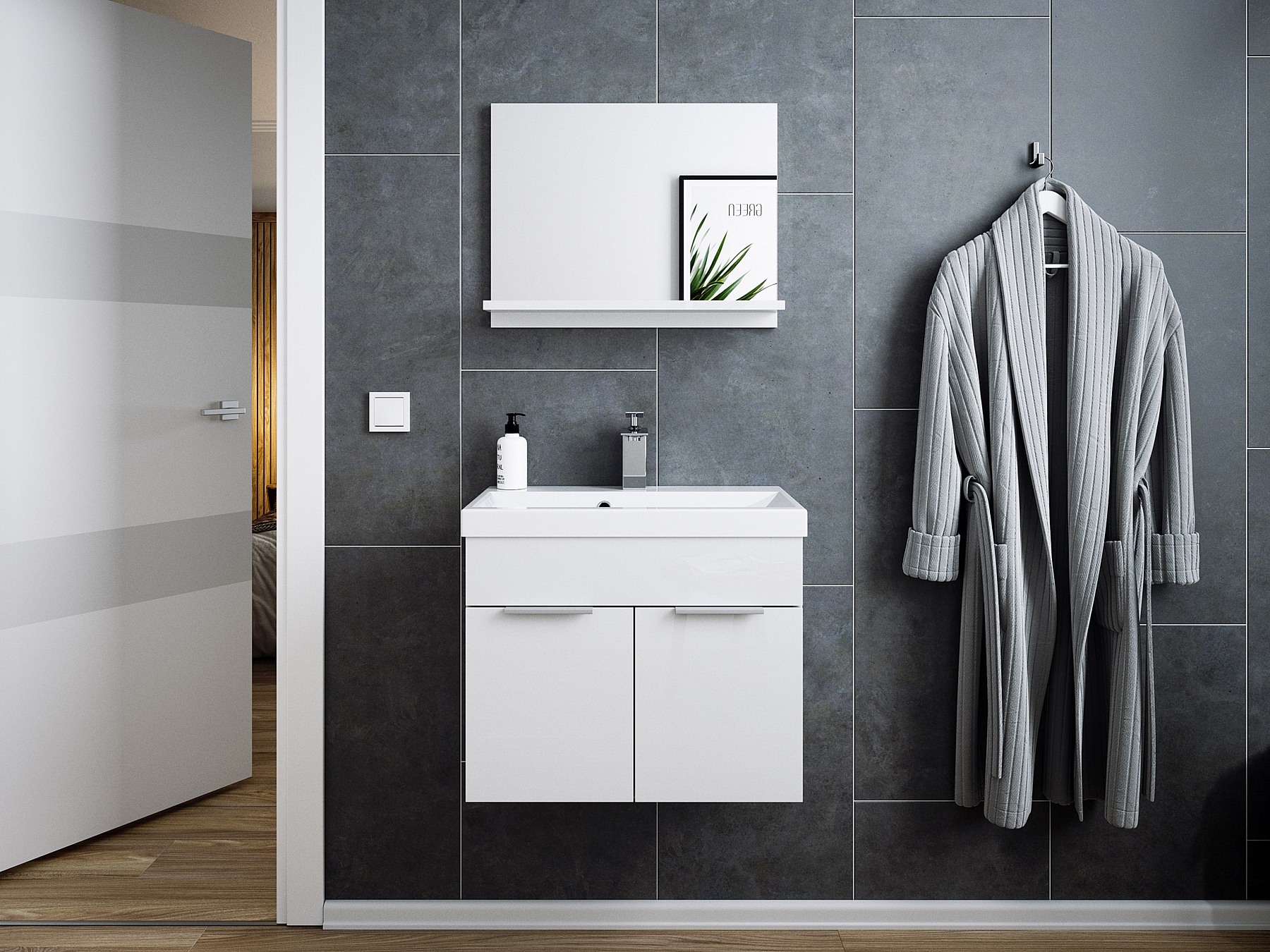 Badmöbel-Set Slimline Vega 2tlg mit Spiegel SoftClose weiss hochglanz/weiss matt