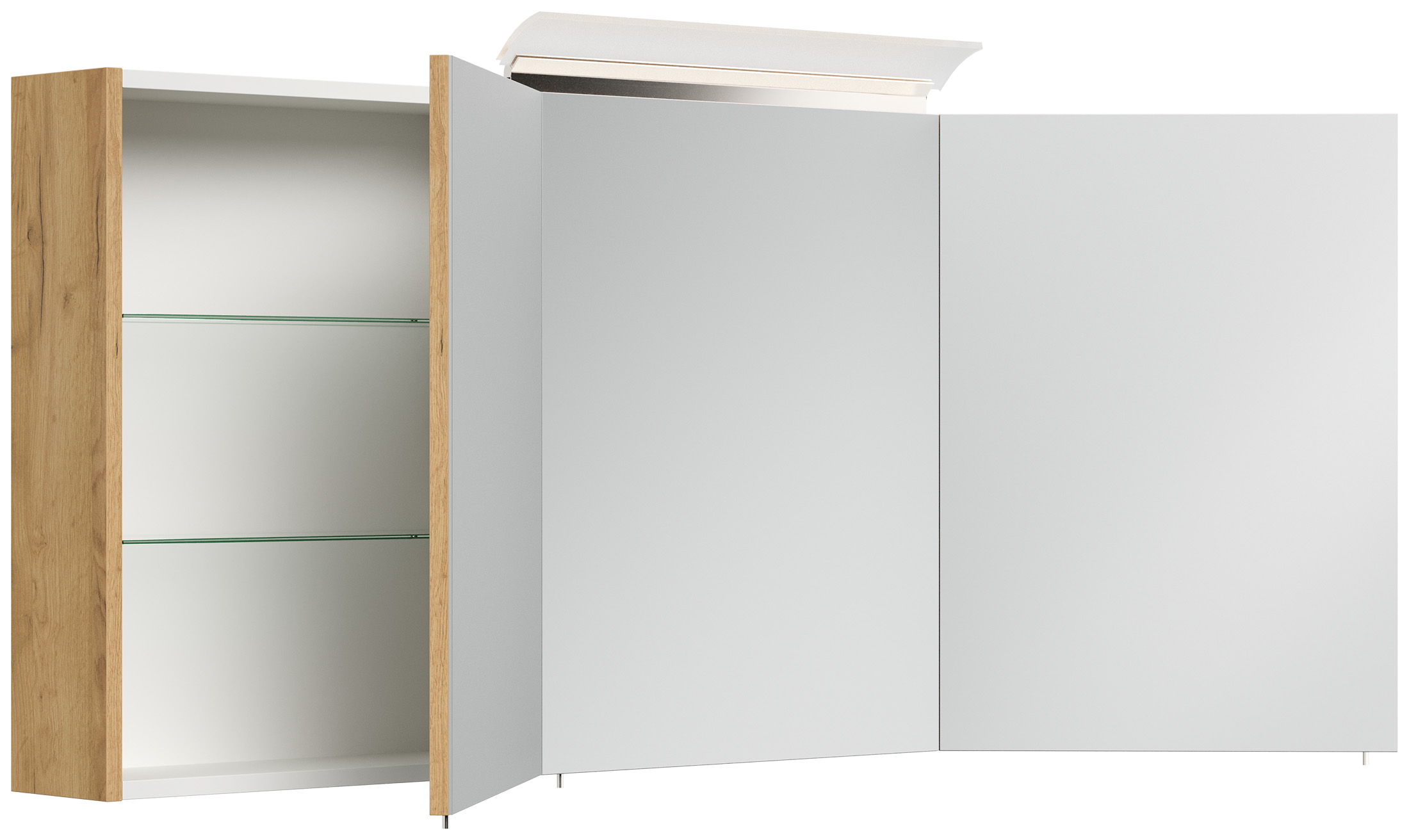 Spiegelschrank 140cm inkl. Design LED-Lampe und Glasböden eiche gold