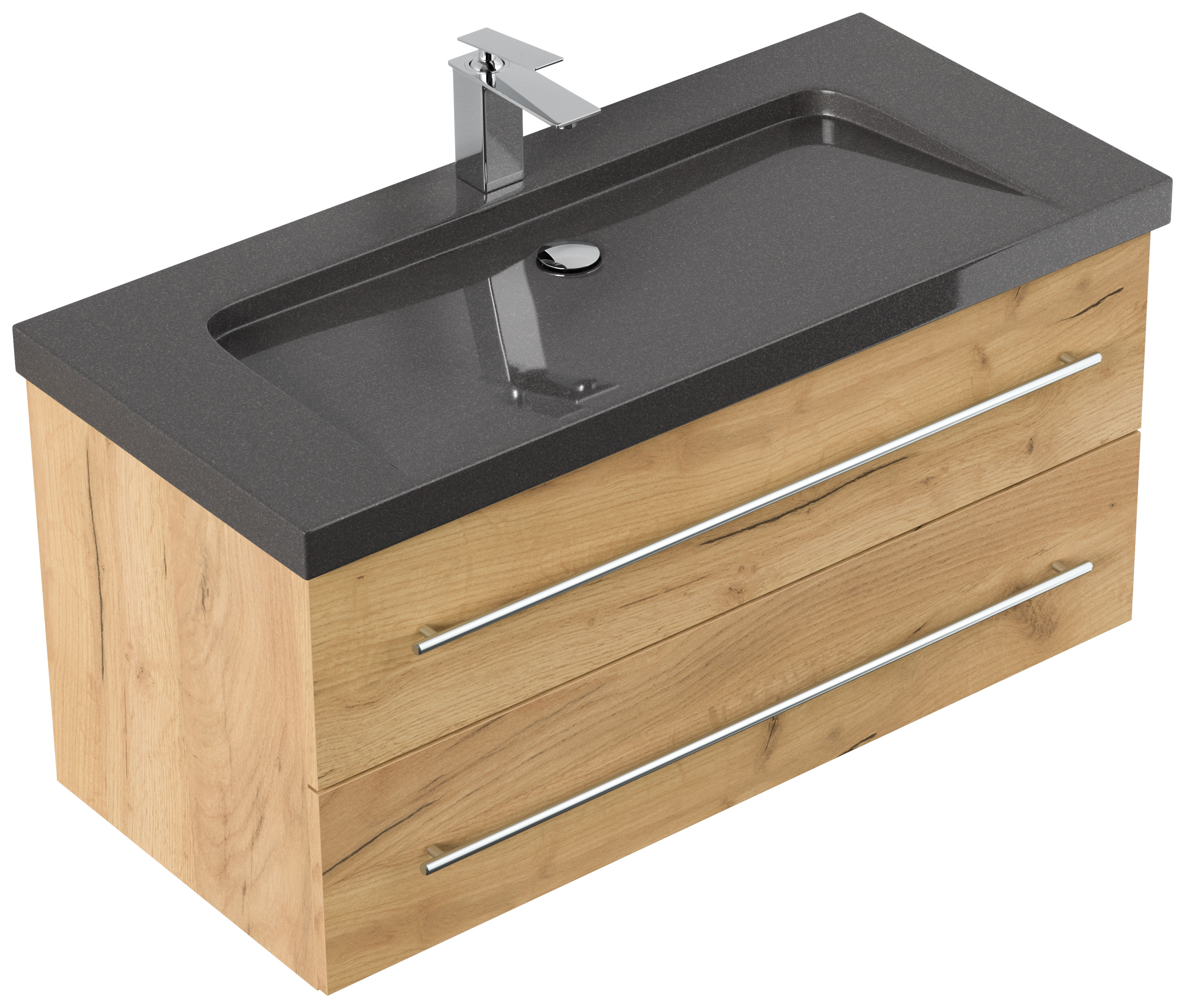 Badmöbel Granit India Black Damo 100 cm 1 Hahnloch SoftClose eiche gold
