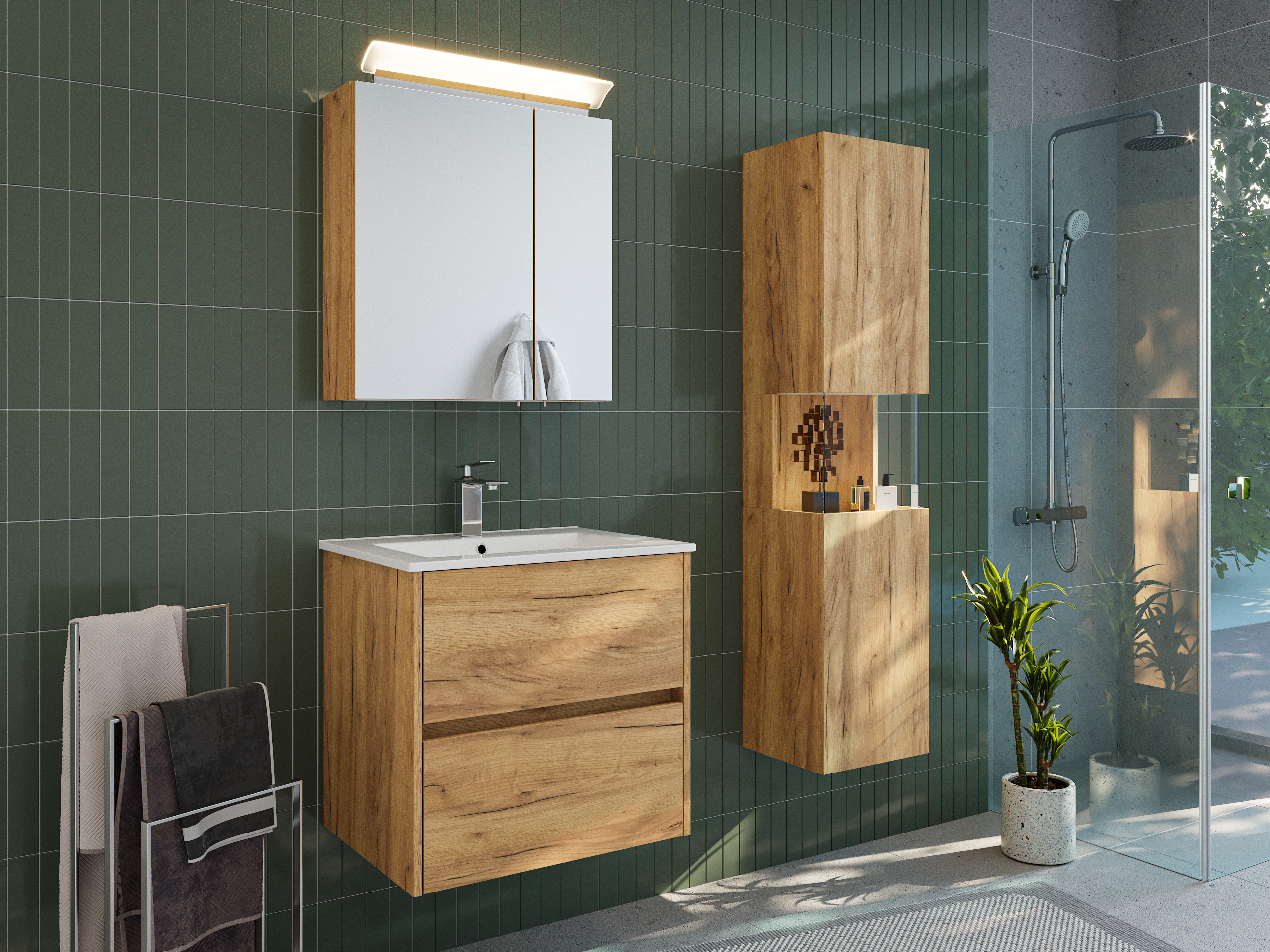 Badmöbelset Taifun 60cm 3tlg mit Spiegelschrank & Seitenschrank eiche gold