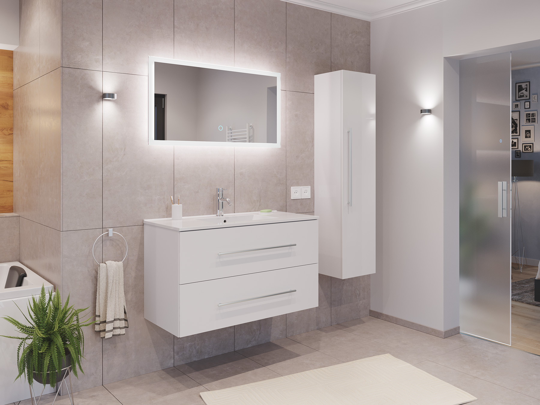 Badmöbel Set Firenze 100 3tlg. LED Spiegel und Hochschrank weiß hochglanz