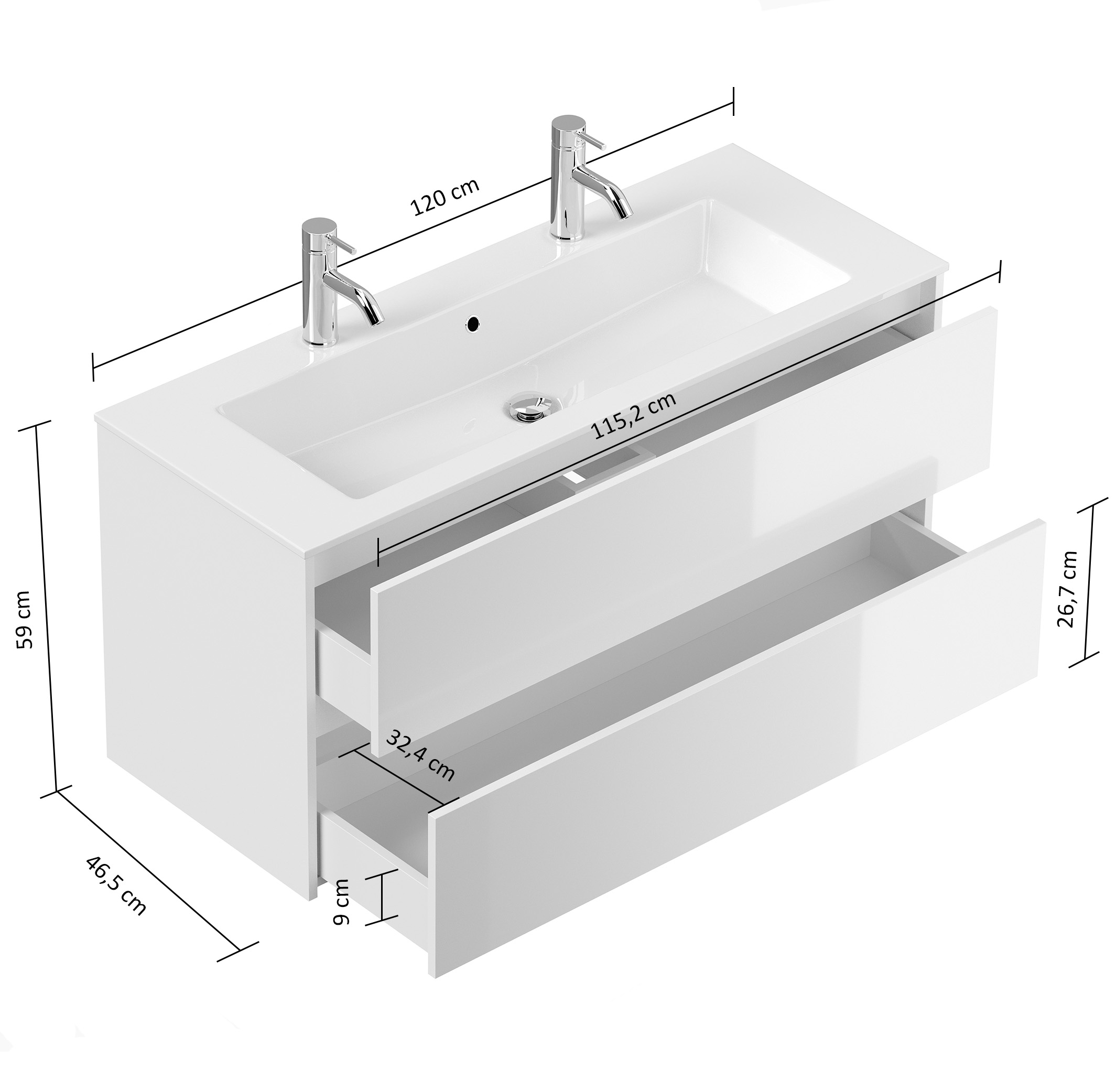 Doppel-Badmöbel Set Taifun 4tlg.120cm LED Spiegel 3er Boxen & Hochschrank Grafit
