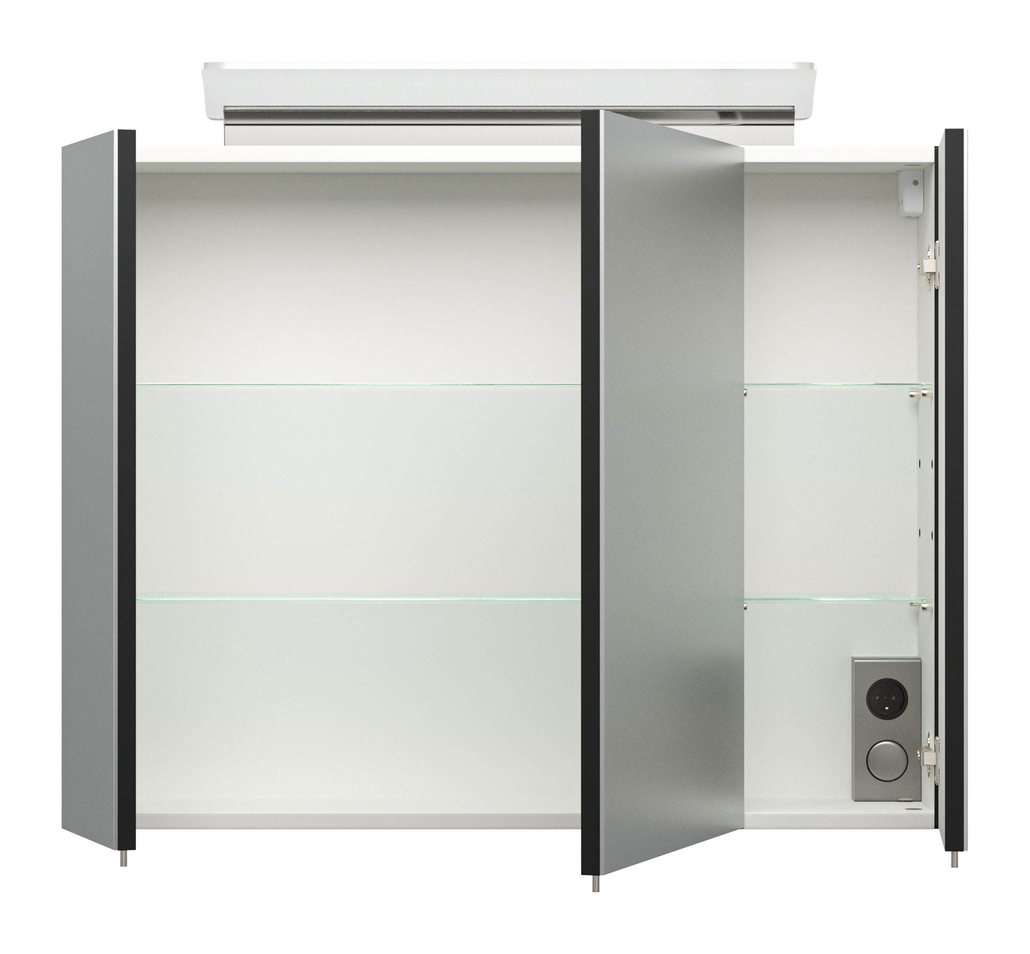 Spiegelschrank 80cm inkl. Design LED-Lampe und Glasböden schwarz