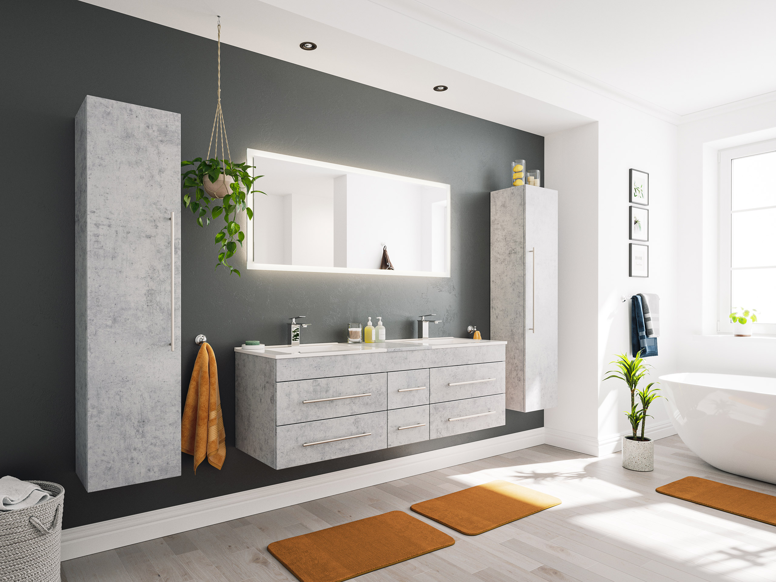Badmöbelset Komplett Roma XL 4-teilig inkl. LED-Spiegel SoftClose beton