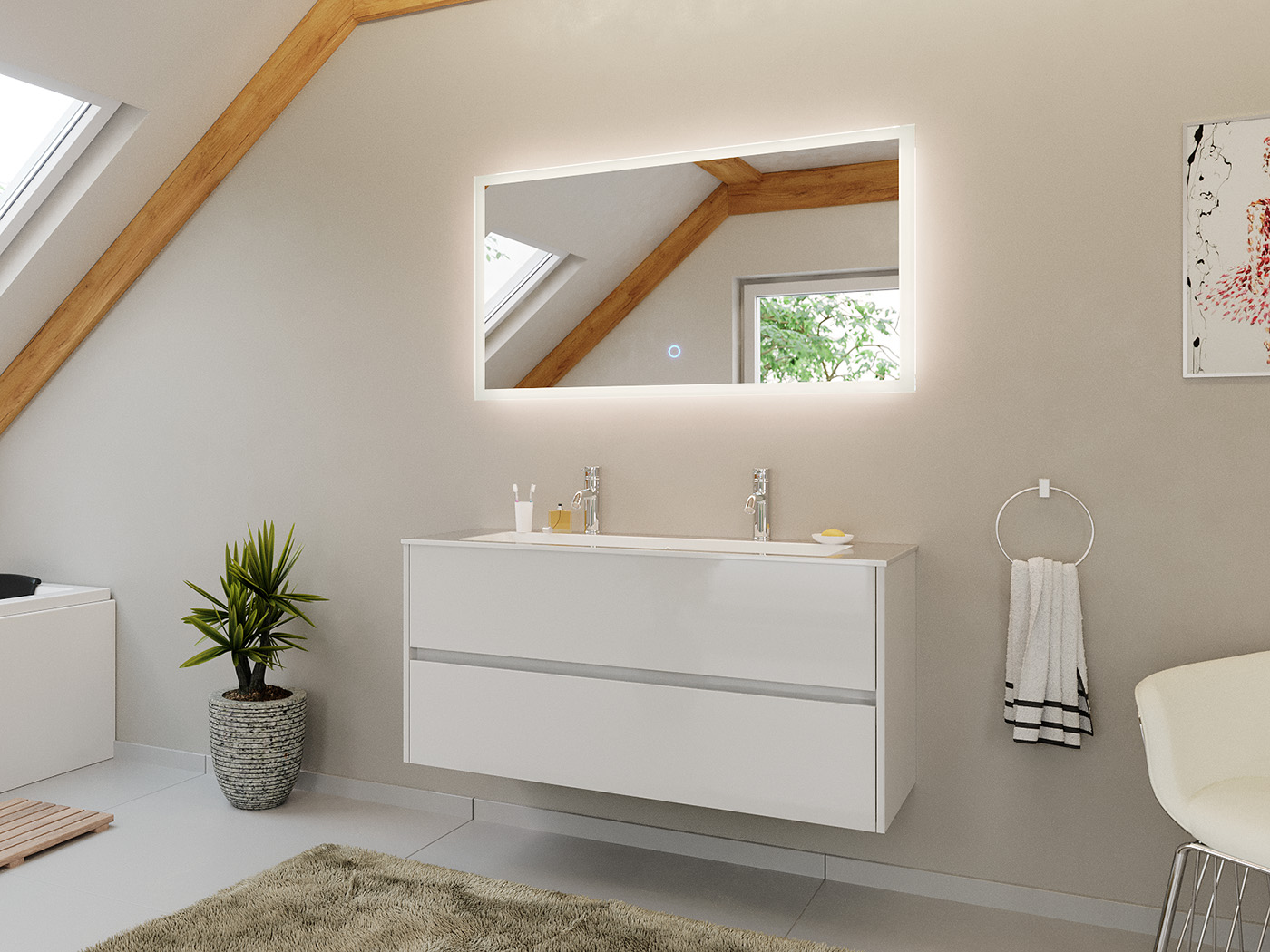 Doppel-Badmöbel Set Taifun 2tlg. 120 cm mit LED Spiegel weiß Hgl